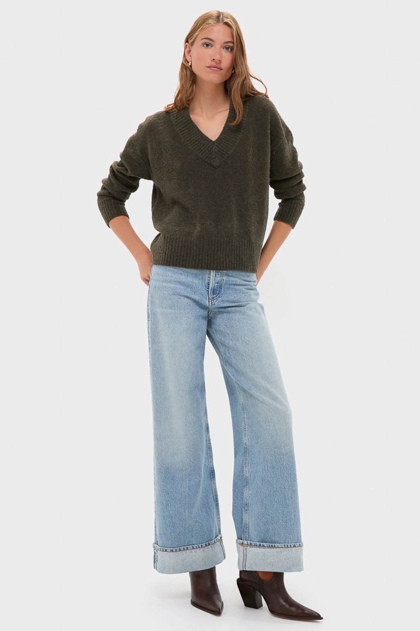 Olive Wool Boxy V-Neck Sweater - Image 6