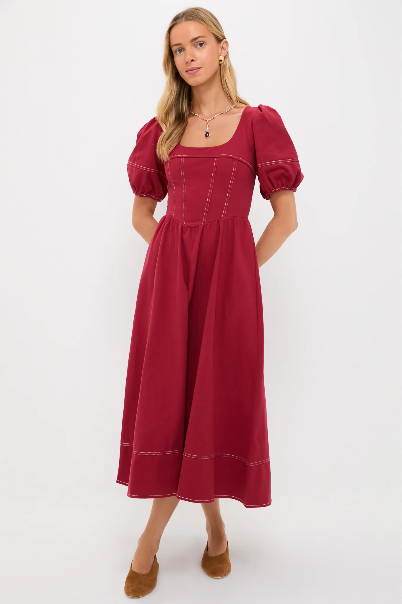Oxblood Puff Sleeve Midi Dress - Image 2