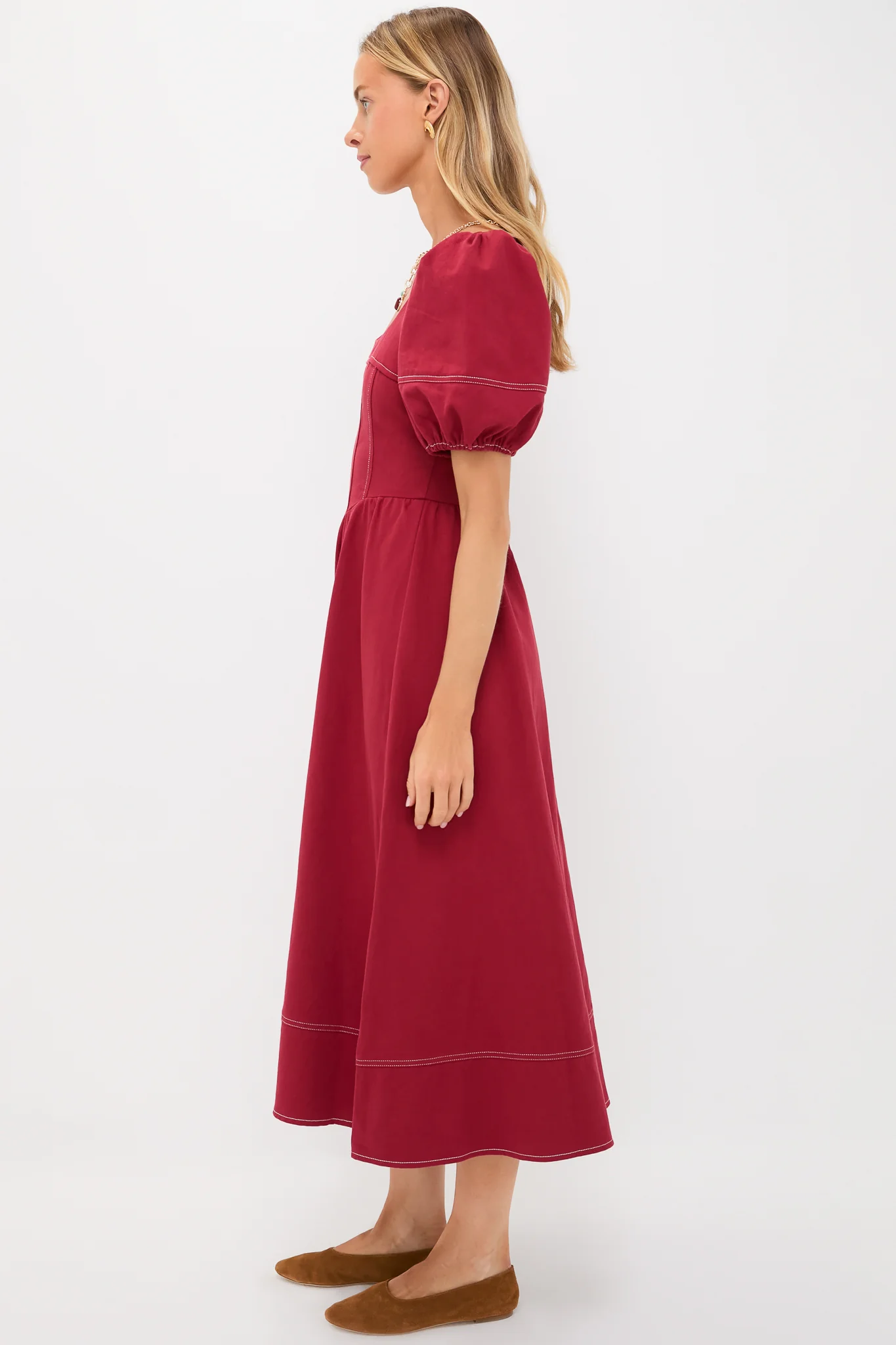 Oxblood Puff Sleeve Midi Dress - Image 3