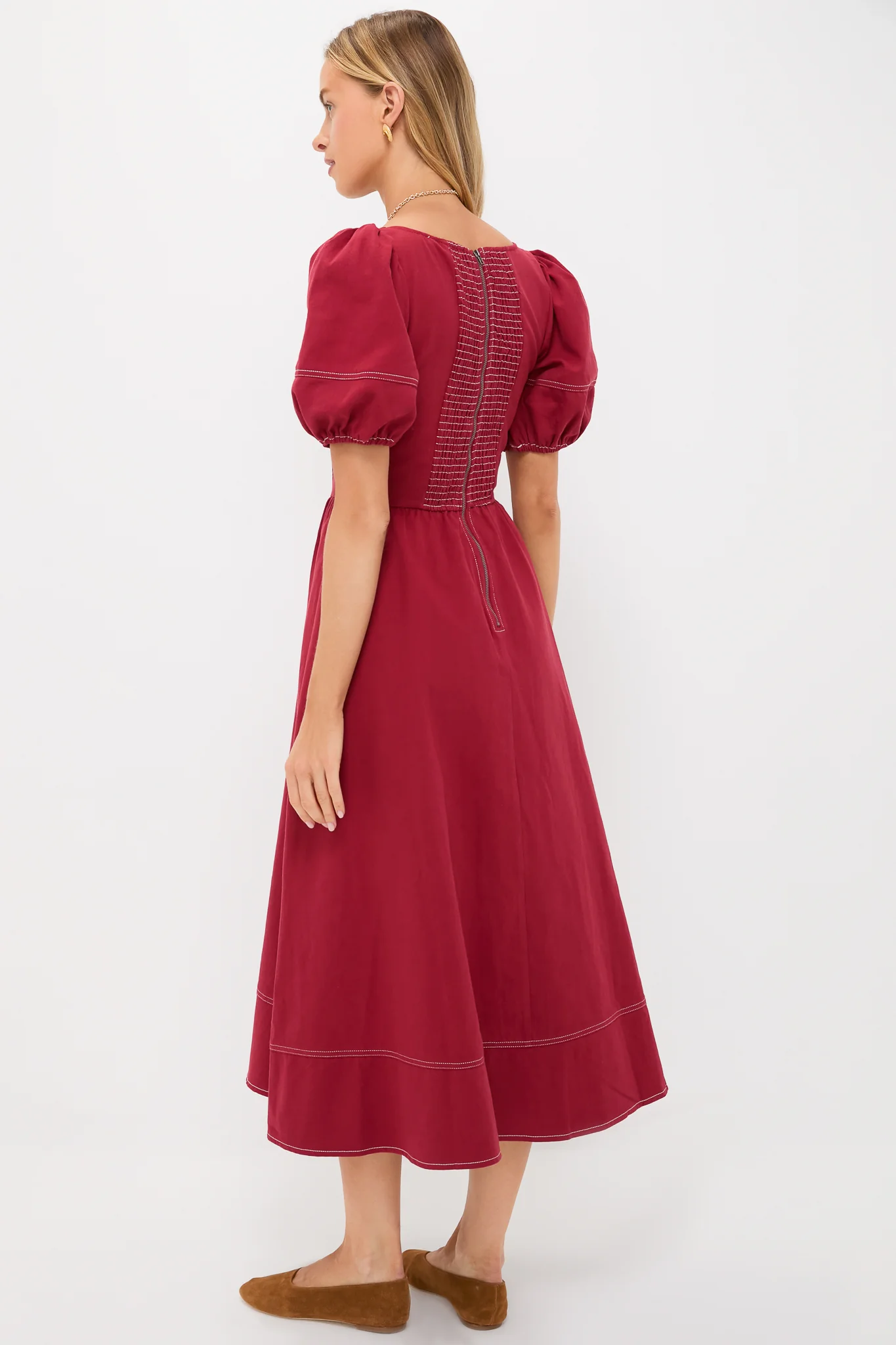 Oxblood Puff Sleeve Midi Dress - Image 4