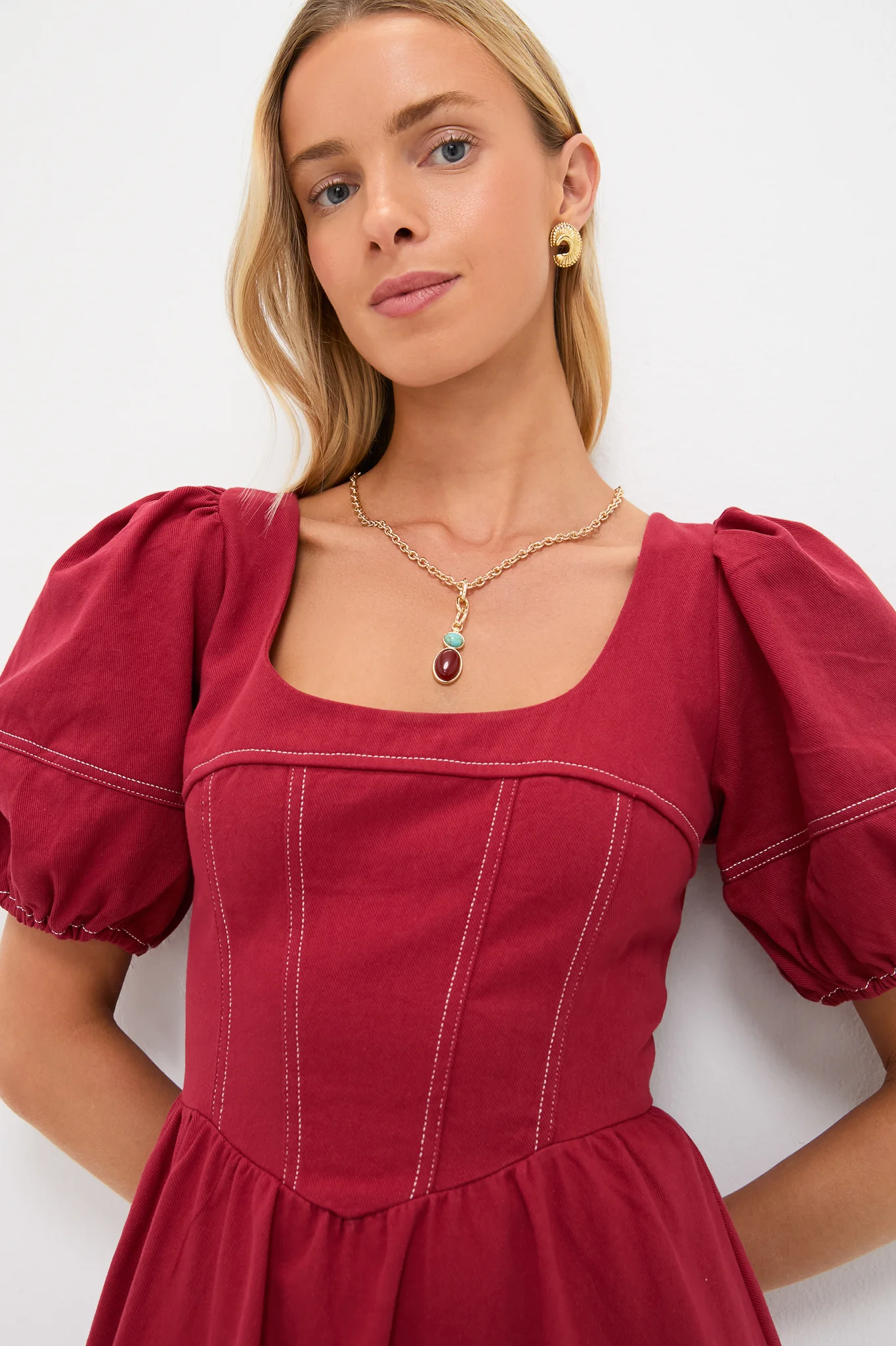 Oxblood Puff Sleeve Midi Dress - Image 5
