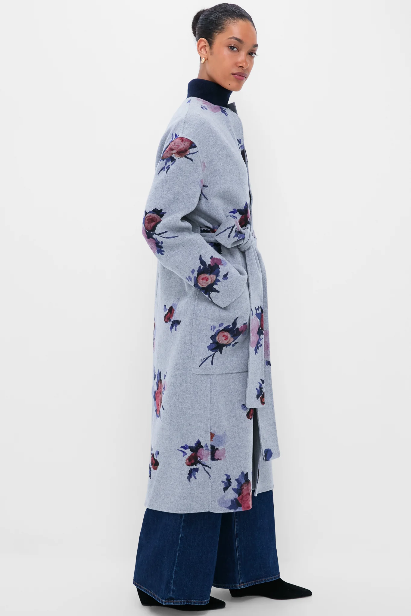 Painted Rose Grey Melange Oversize Belted Coat - Image 3