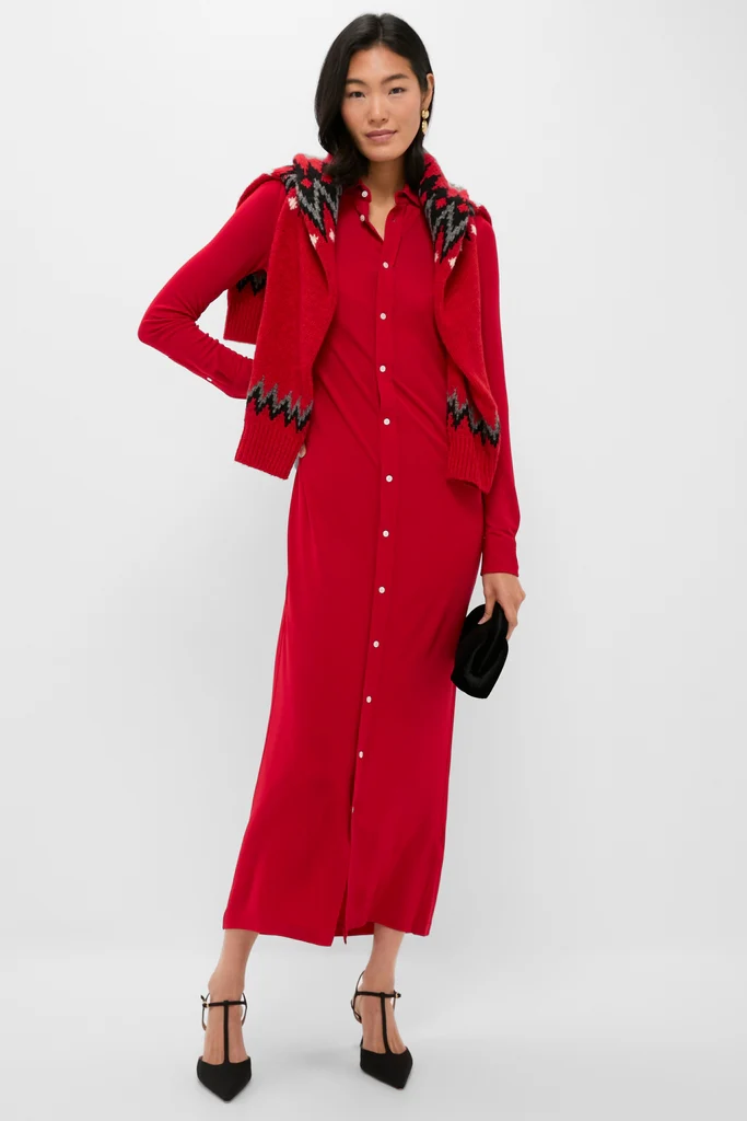 Park Avenue Red Matte Jersey Knit Collared Dress - Image 2