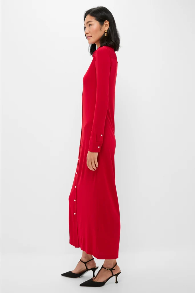 Park Avenue Red Matte Jersey Knit Collared Dress - Image 3
