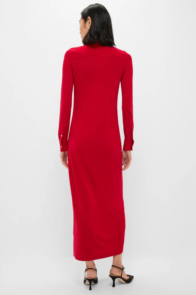 Park Avenue Red Matte Jersey Knit Collared Dress - Image 4