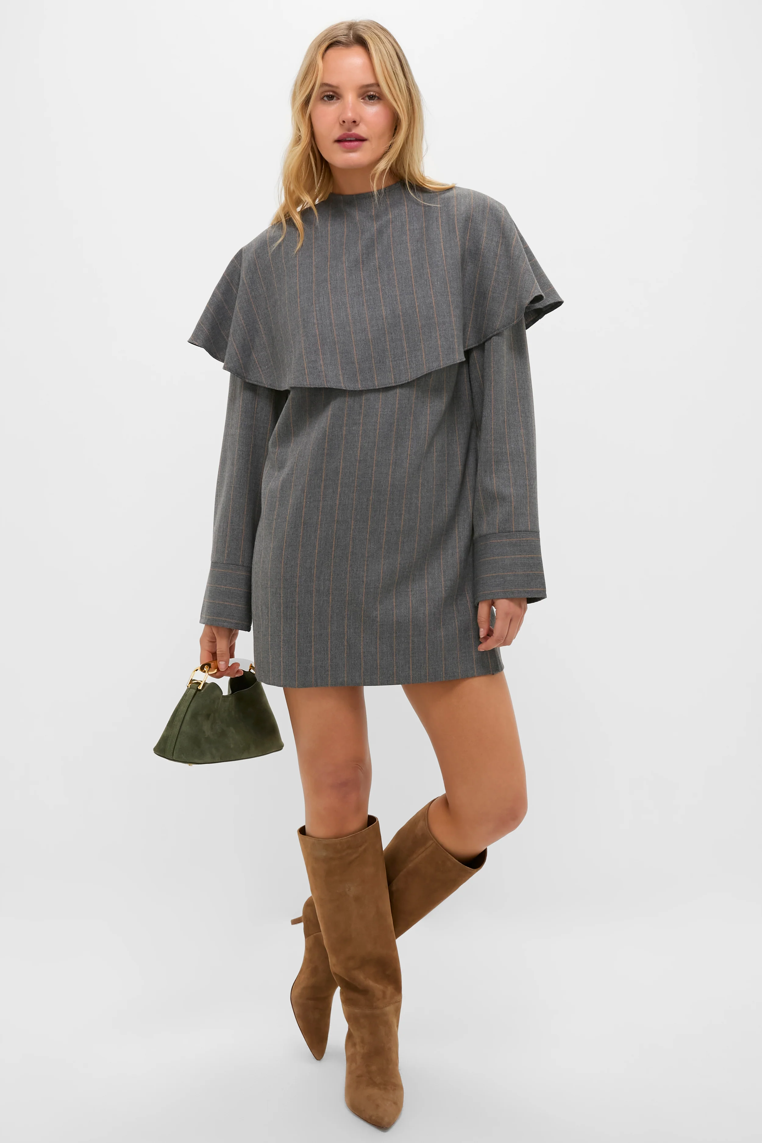 Pewter Brushed Wool Stripe Circle Collar Mini Dress - Image 2