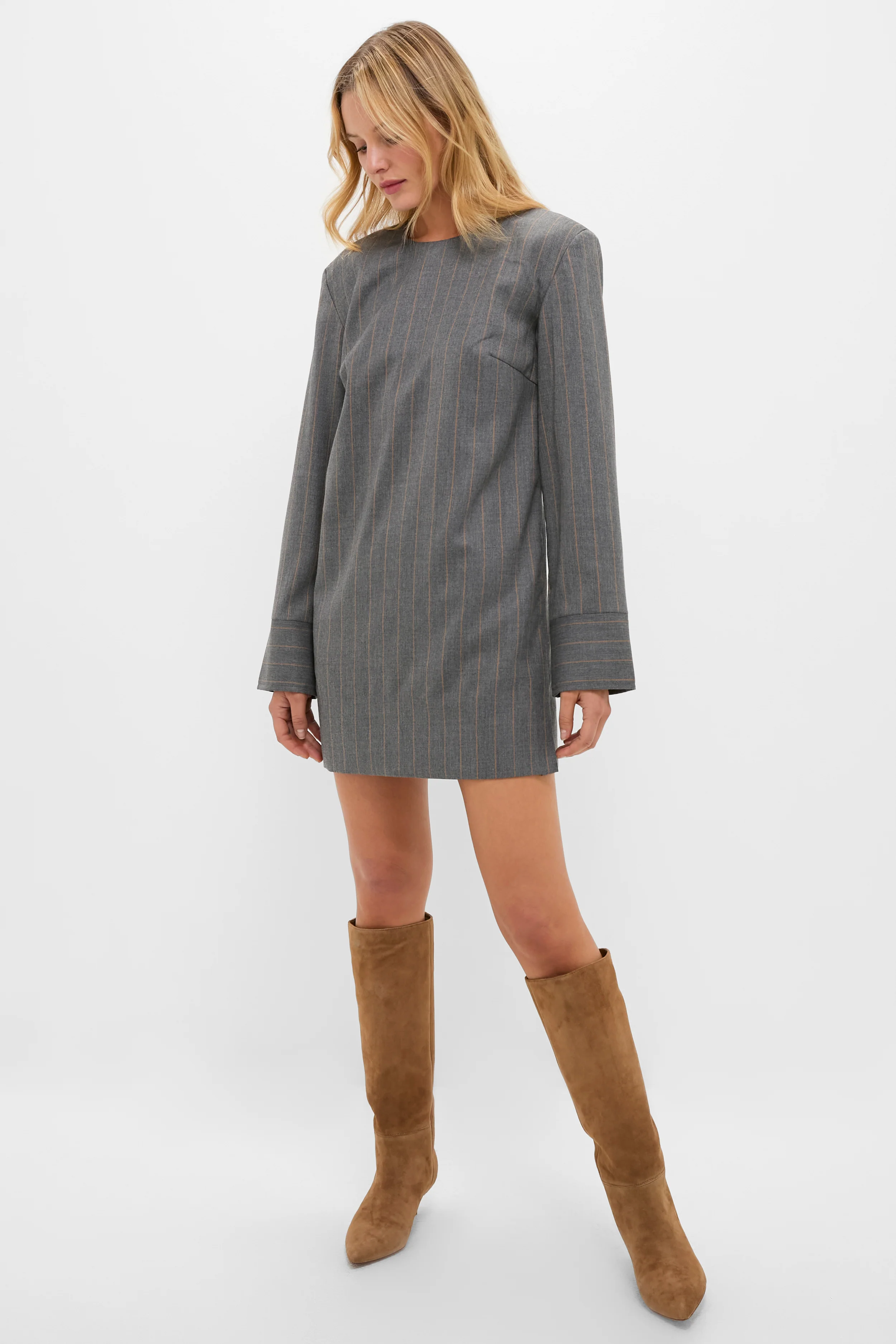 Pewter Brushed Wool Stripe Circle Collar Mini Dress - Image 7