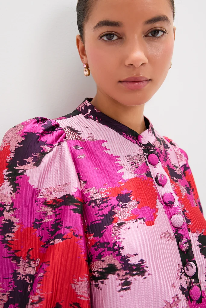 Pink and Red Lurex Abstract Jacquard Samantha Dress - Image 5
