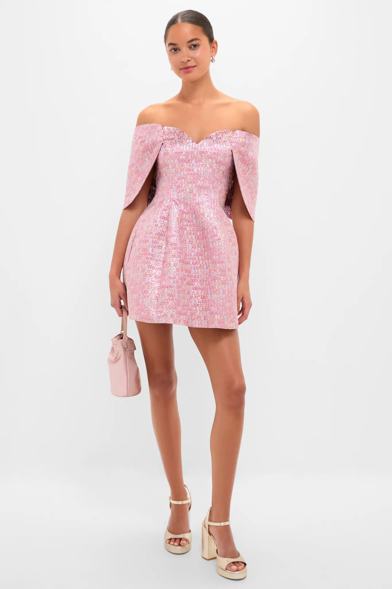 Pink Multi Jacquard Off-the-Shoulder Kara Mini Dress - Image 2