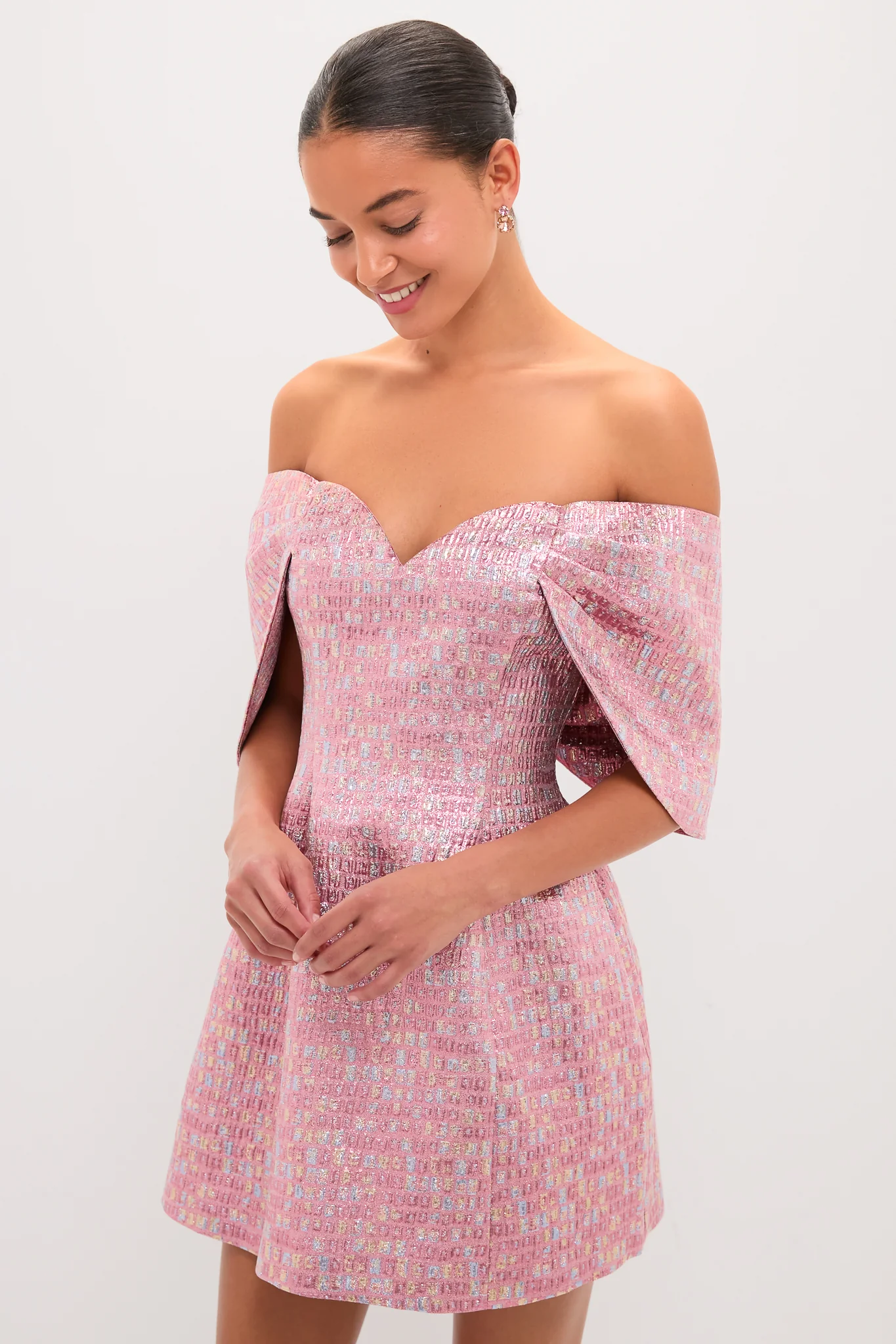 Pink Multi Jacquard Off-the-Shoulder Kara Mini Dress - Image 3