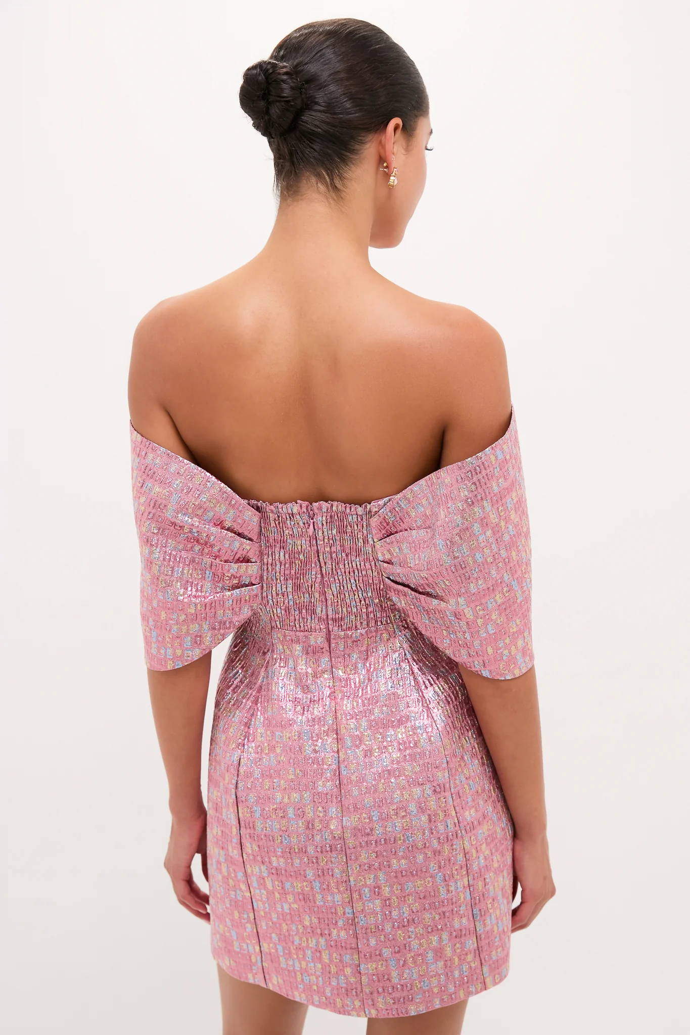 Pink Multi Jacquard Off-the-Shoulder Kara Mini Dress - Image 4