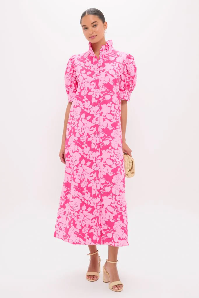 Pink Textured Floral Ruffle Collar Louisa Maxi Dress - Image 2