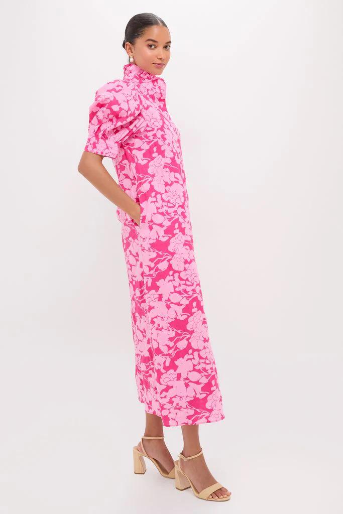 Pink Textured Floral Ruffle Collar Louisa Maxi Dress - Image 3