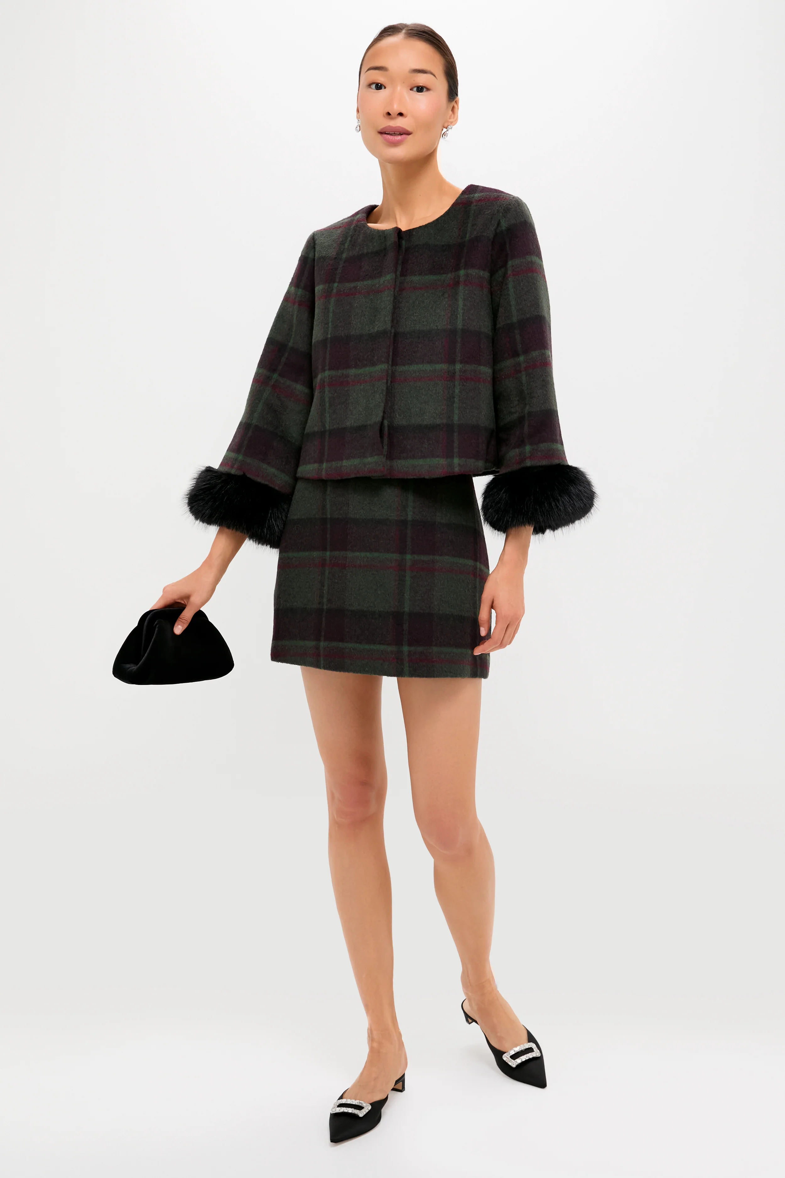 Forest Plaid Wool Fur Cuff Maxine Jacket - Image 2