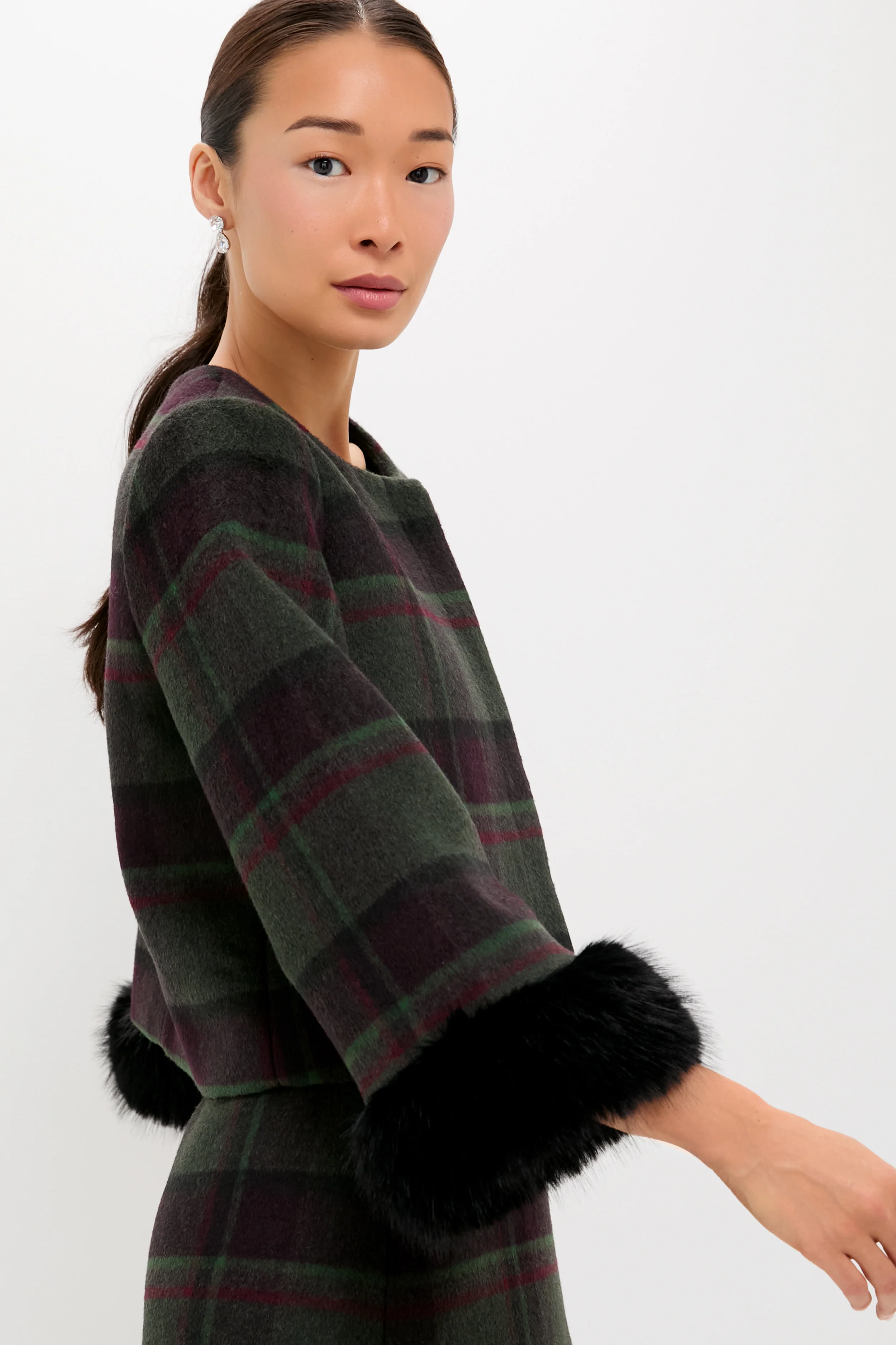 Forest Plaid Wool Fur Cuff Maxine Jacket - Image 3