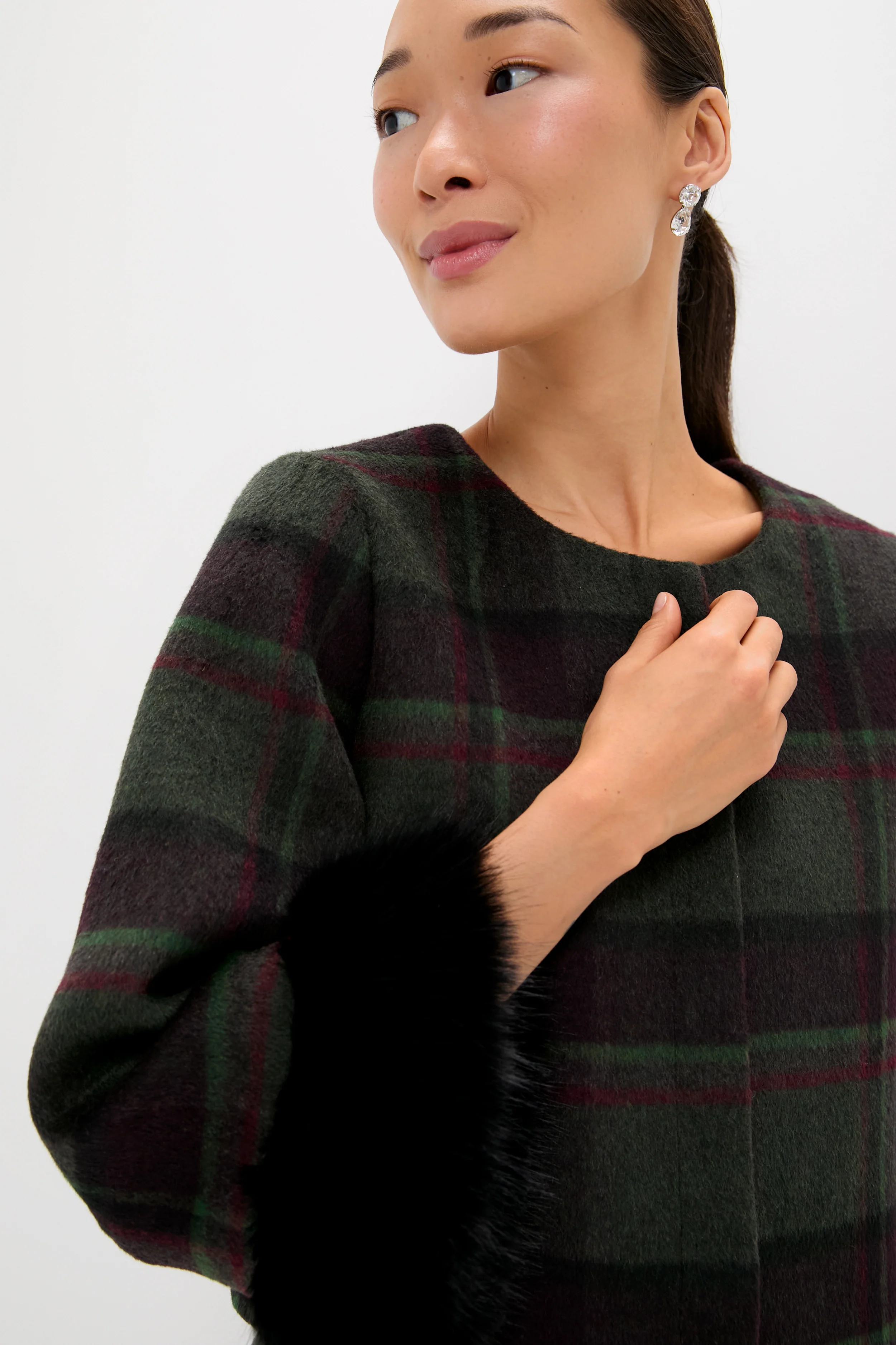 Forest Plaid Wool Fur Cuff Maxine Jacket - Image 5