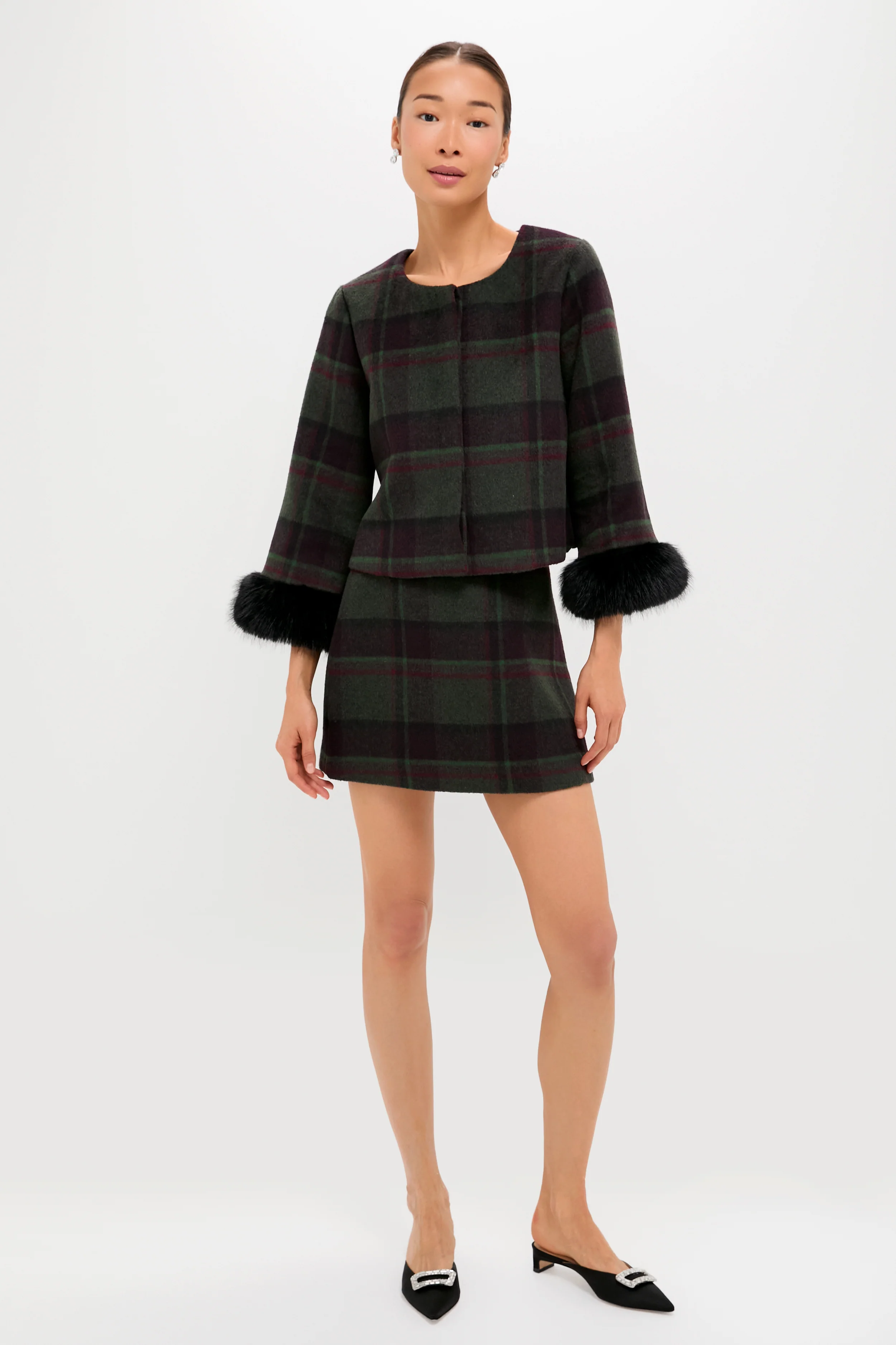 Forest Plaid Wool Fur Cuff Maxine Jacket - Image 6