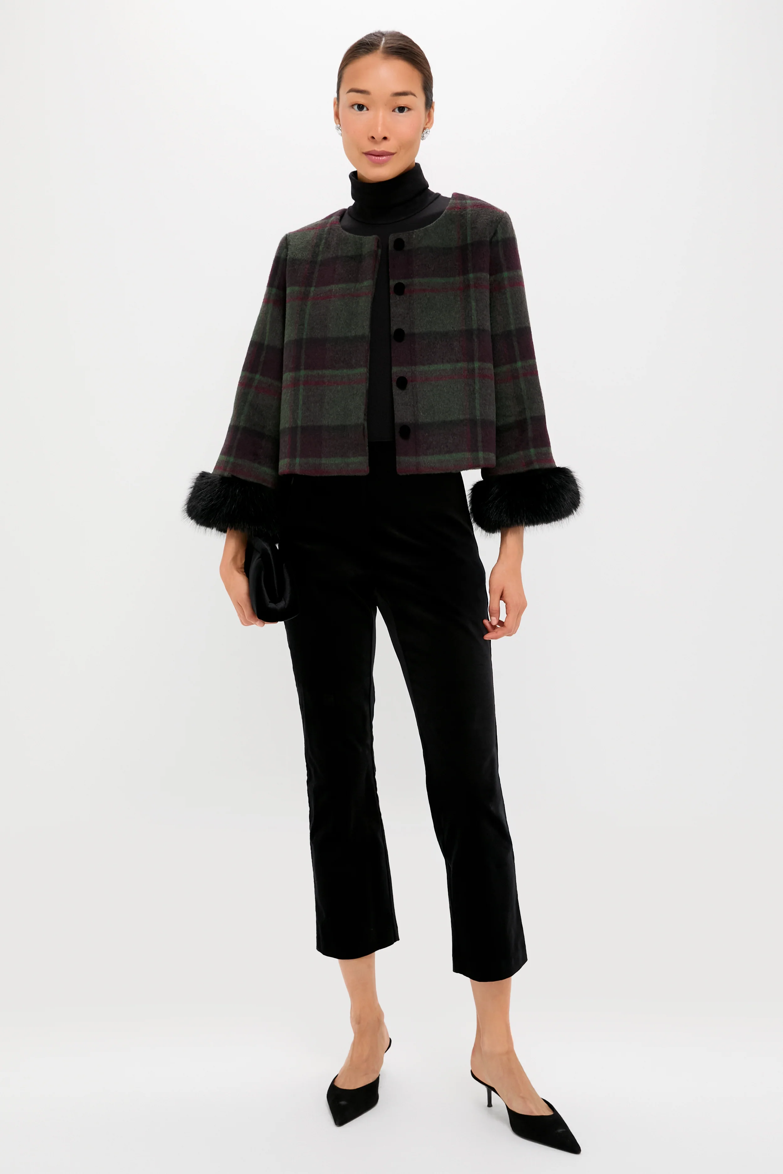 Forest Plaid Wool Fur Cuff Maxine Jacket - Image 8