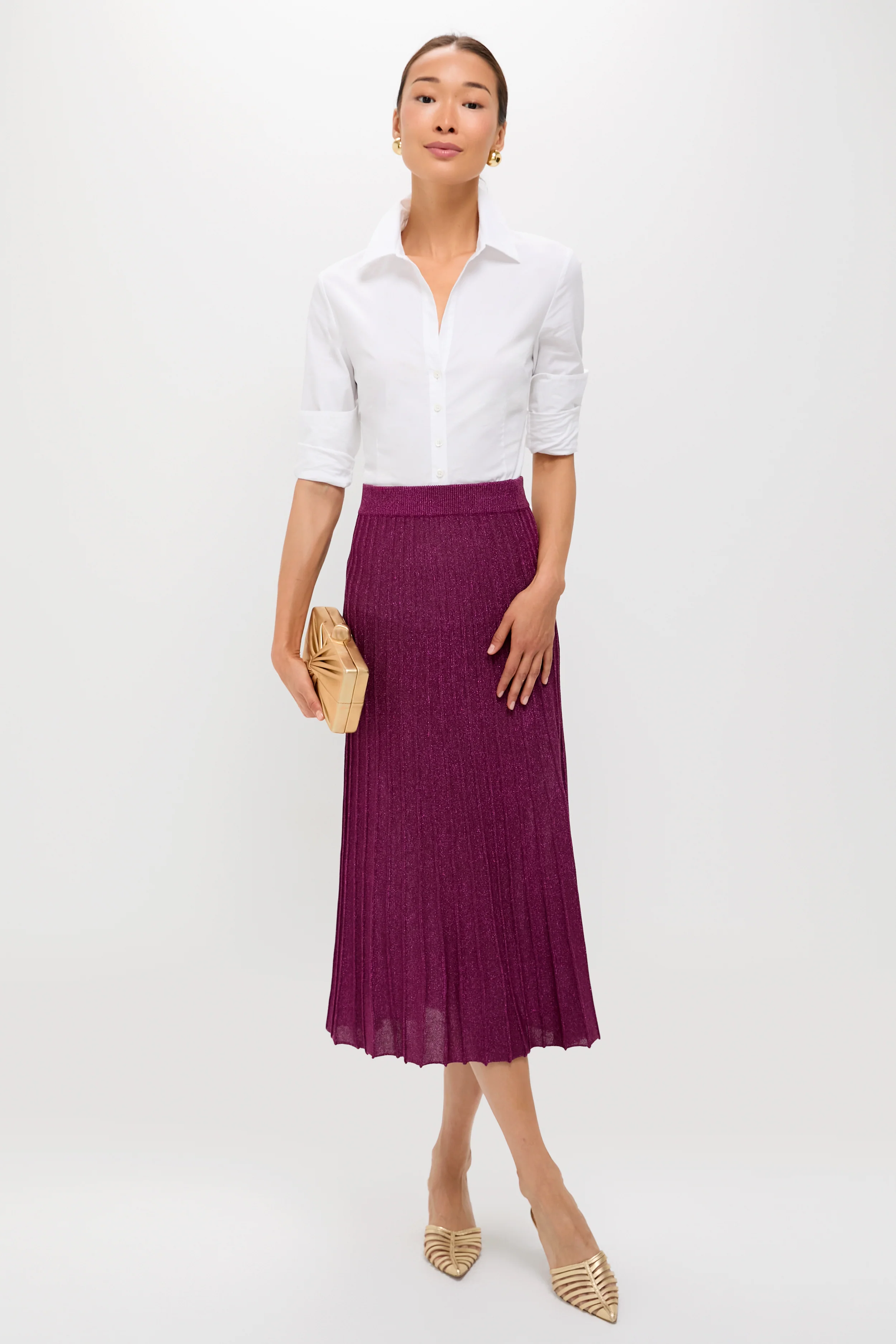 Plum Shimmer Knit Pleated Arion Midi Skirt - Image 2