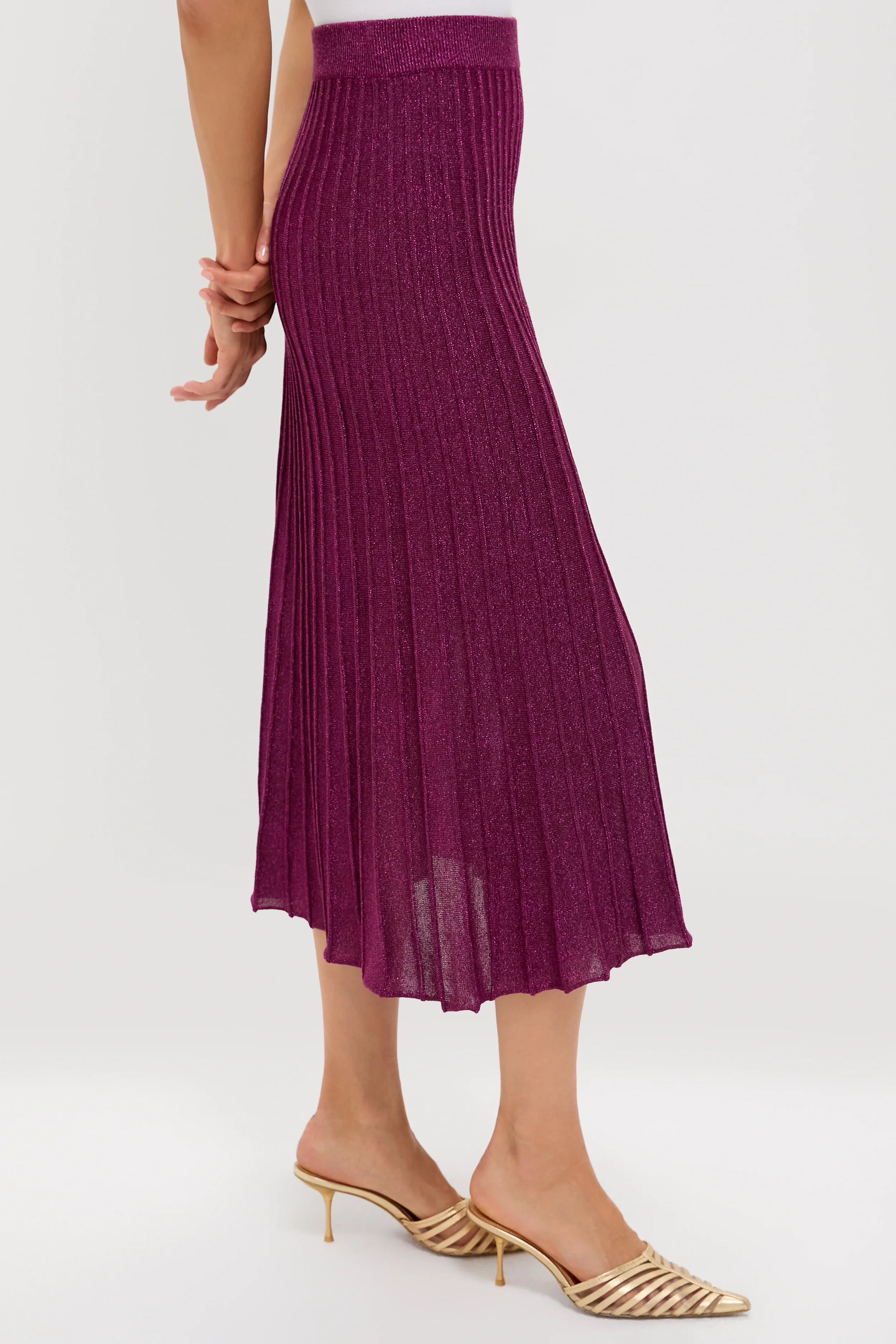 Plum Shimmer Knit Pleated Arion Midi Skirt - Image 3