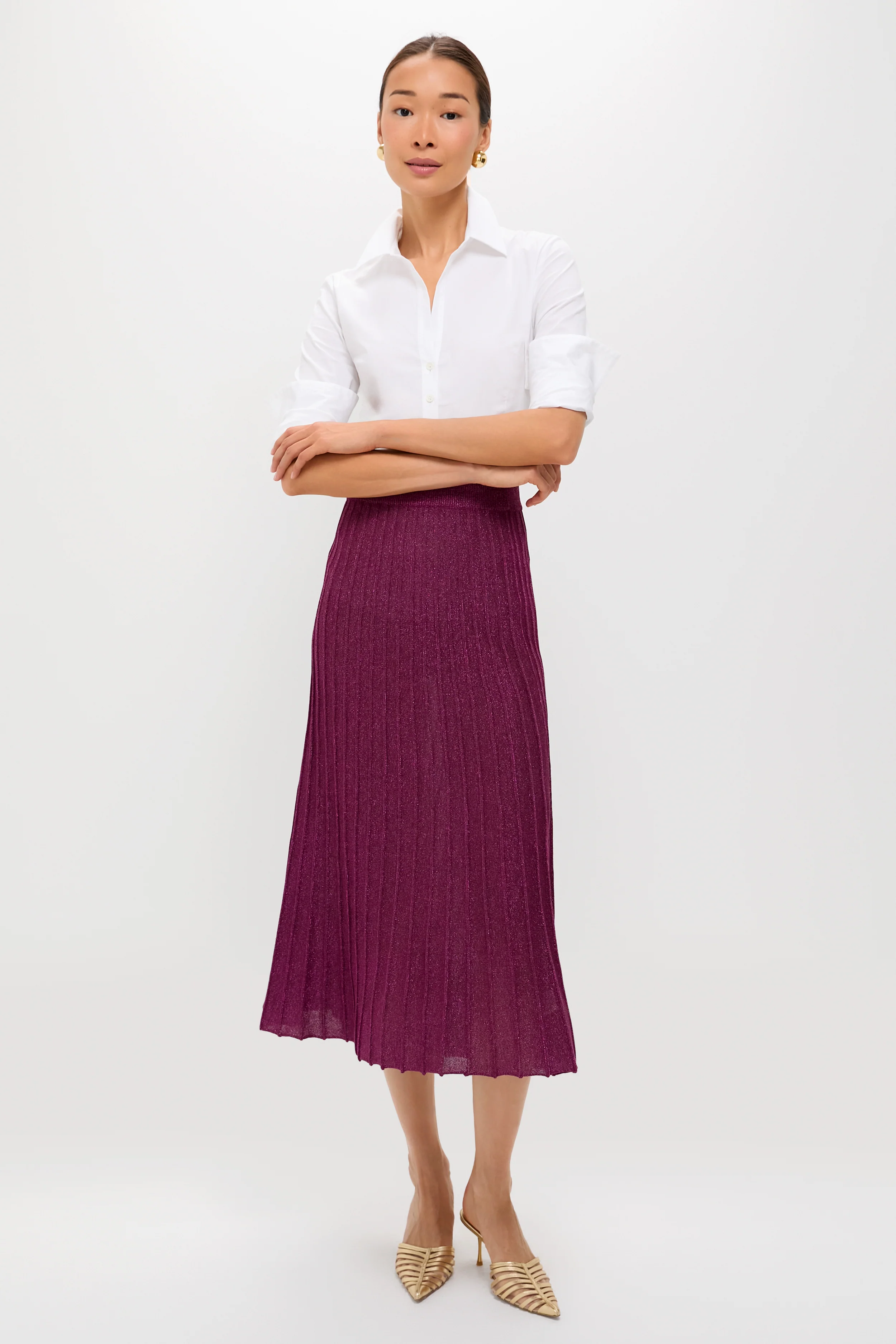 Plum Shimmer Knit Pleated Arion Midi Skirt - Image 6