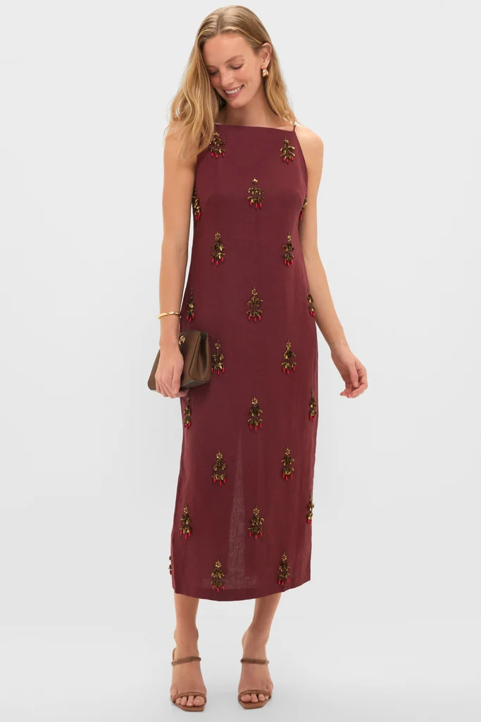 Pomegranate Linen Woven Straight Sleeveless Midi Dress - Image 2