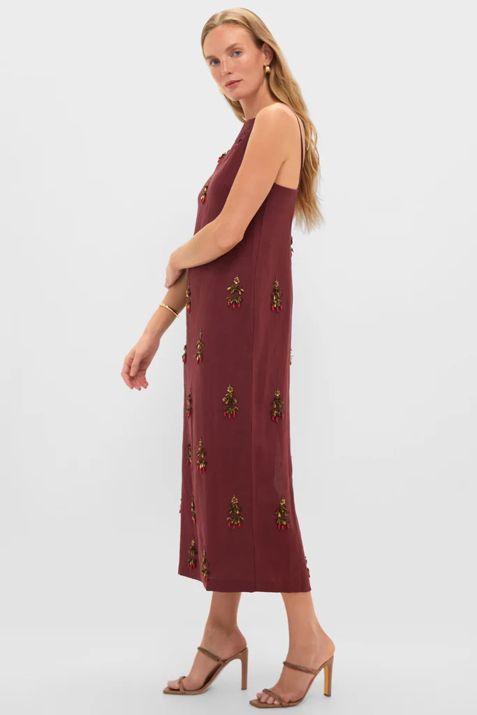 Pomegranate Linen Woven Straight Sleeveless Midi Dress - Image 3