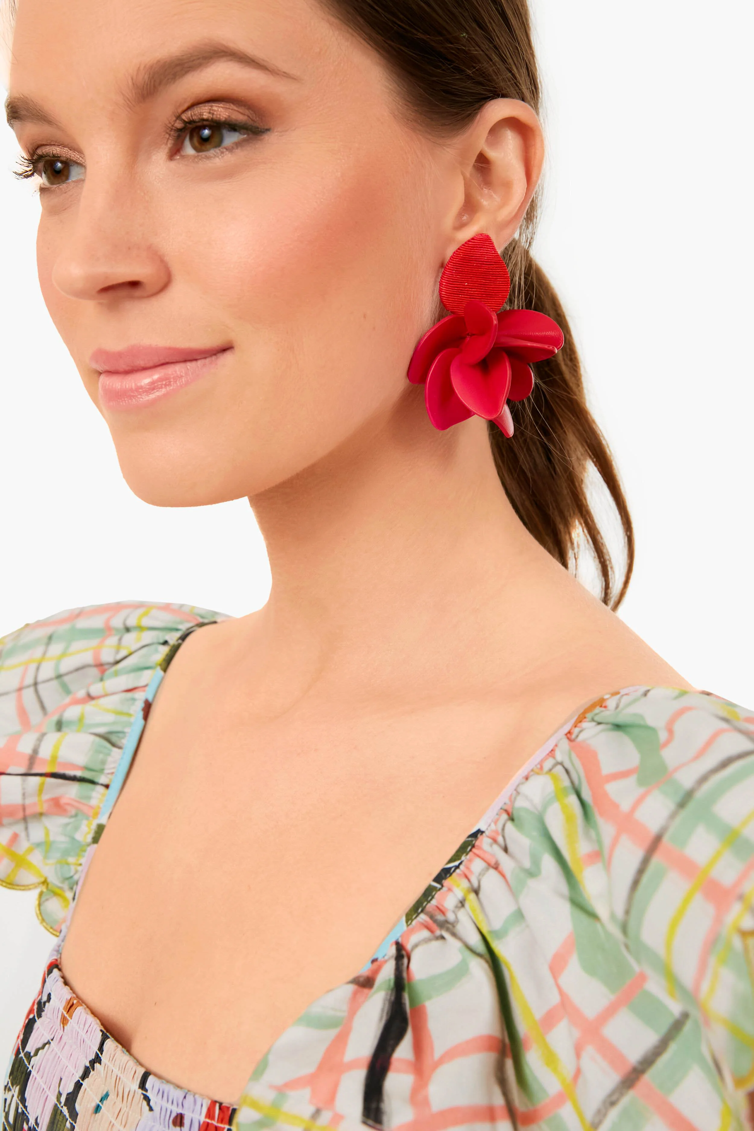 Poppy Red Silk and Leather Orchid Earrings - Image 2