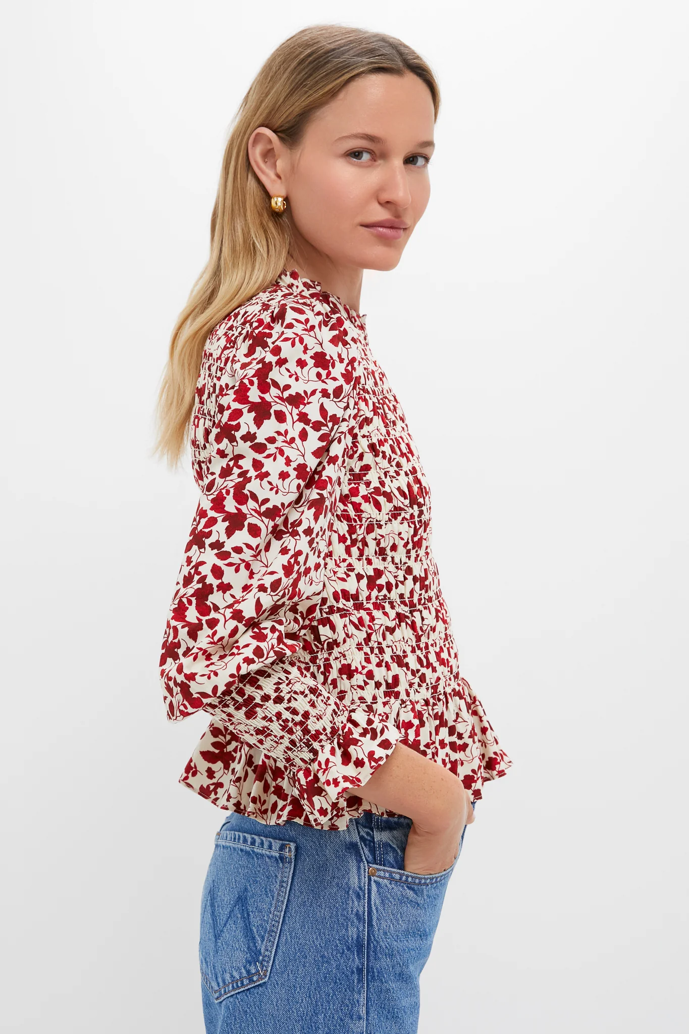 Red & Cream Floral Smocked Cynthia Blouse - Image 4