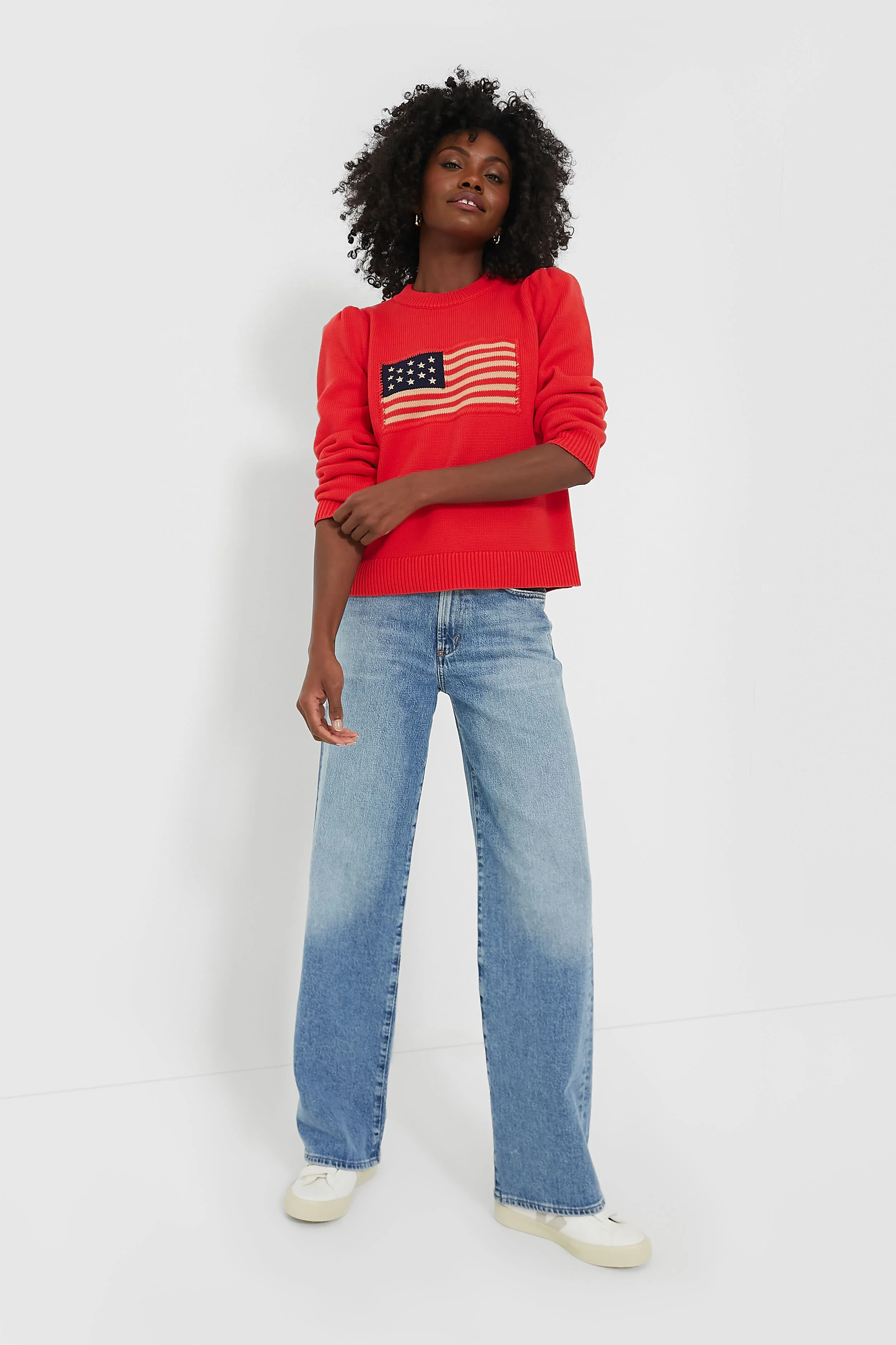 Red Cropped Puff Sleeve Americana Sweater - Image 2