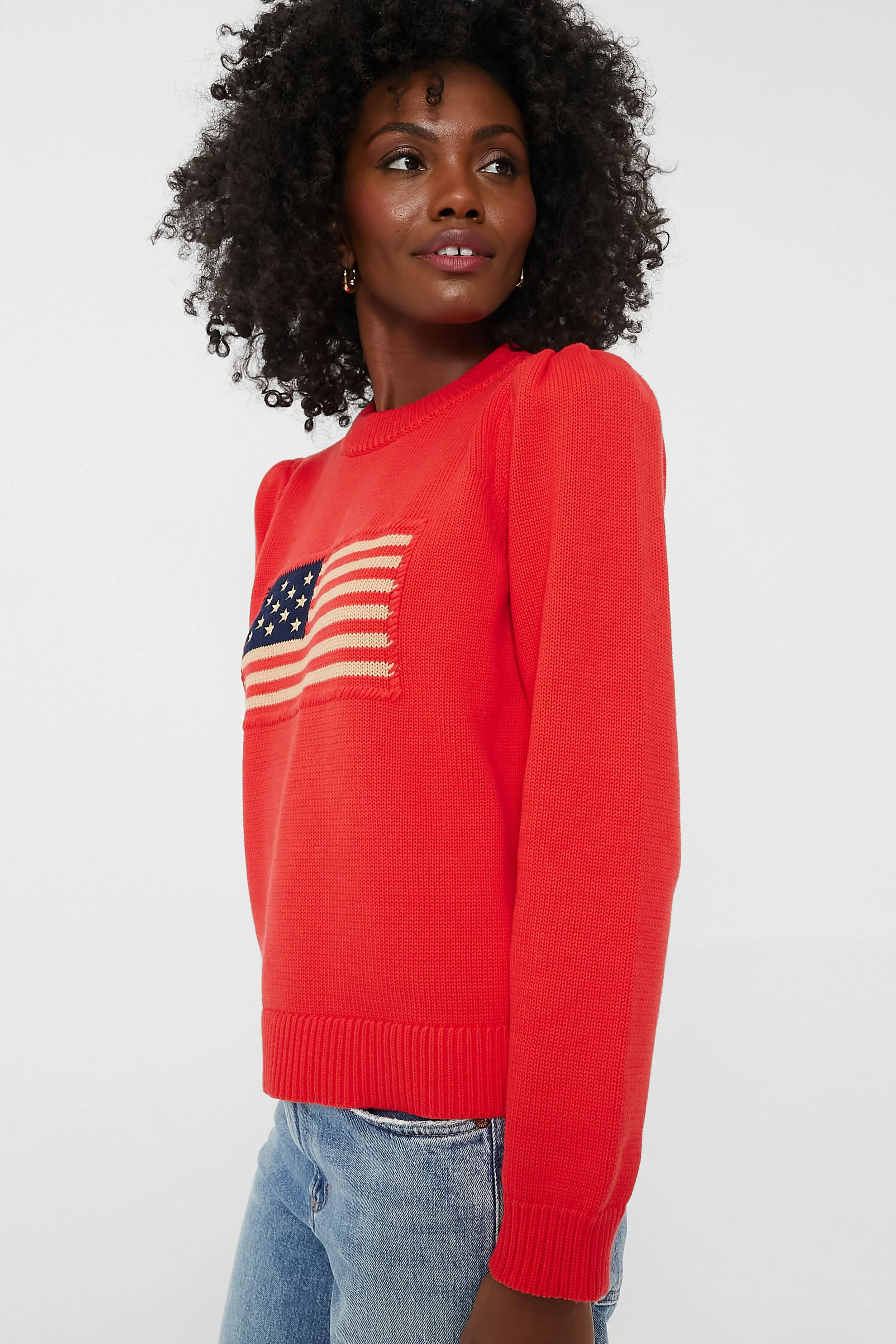 Red Cropped Puff Sleeve Americana Sweater - Image 3