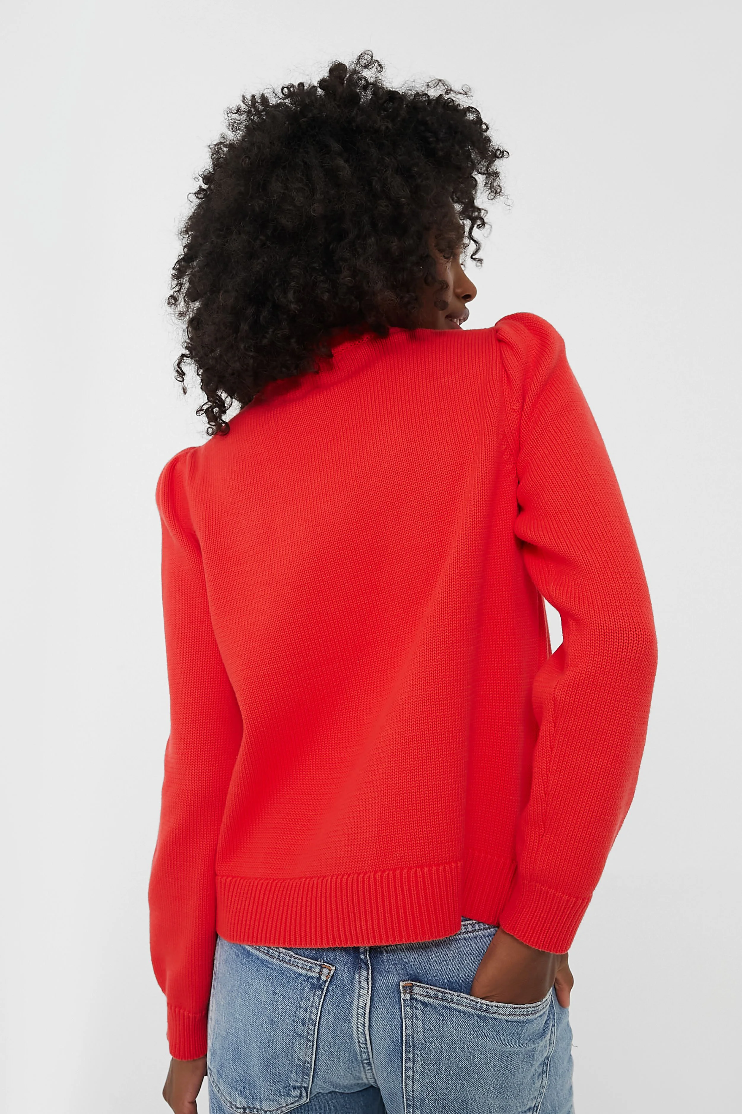 Red Cropped Puff Sleeve Americana Sweater - Image 4