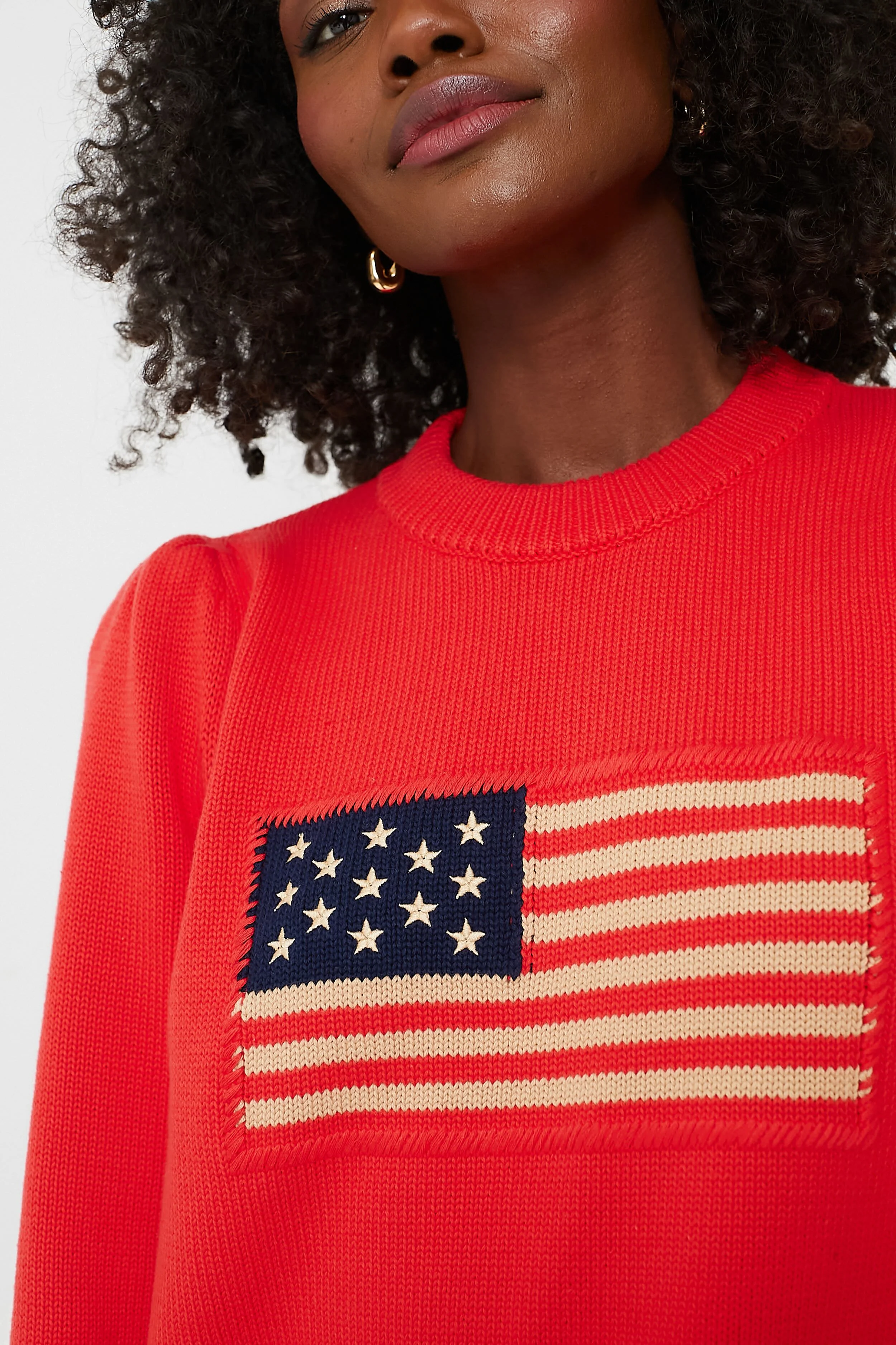 Red Cropped Puff Sleeve Americana Sweater - Image 5