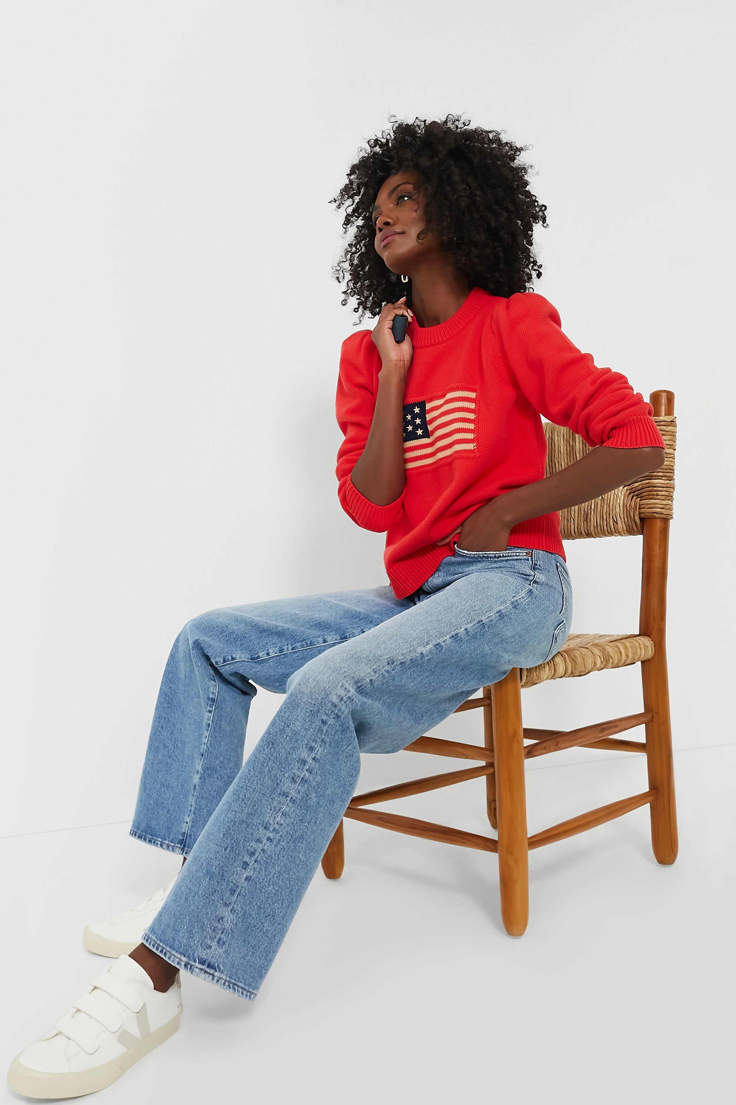 Red Cropped Puff Sleeve Americana Sweater - Image 6