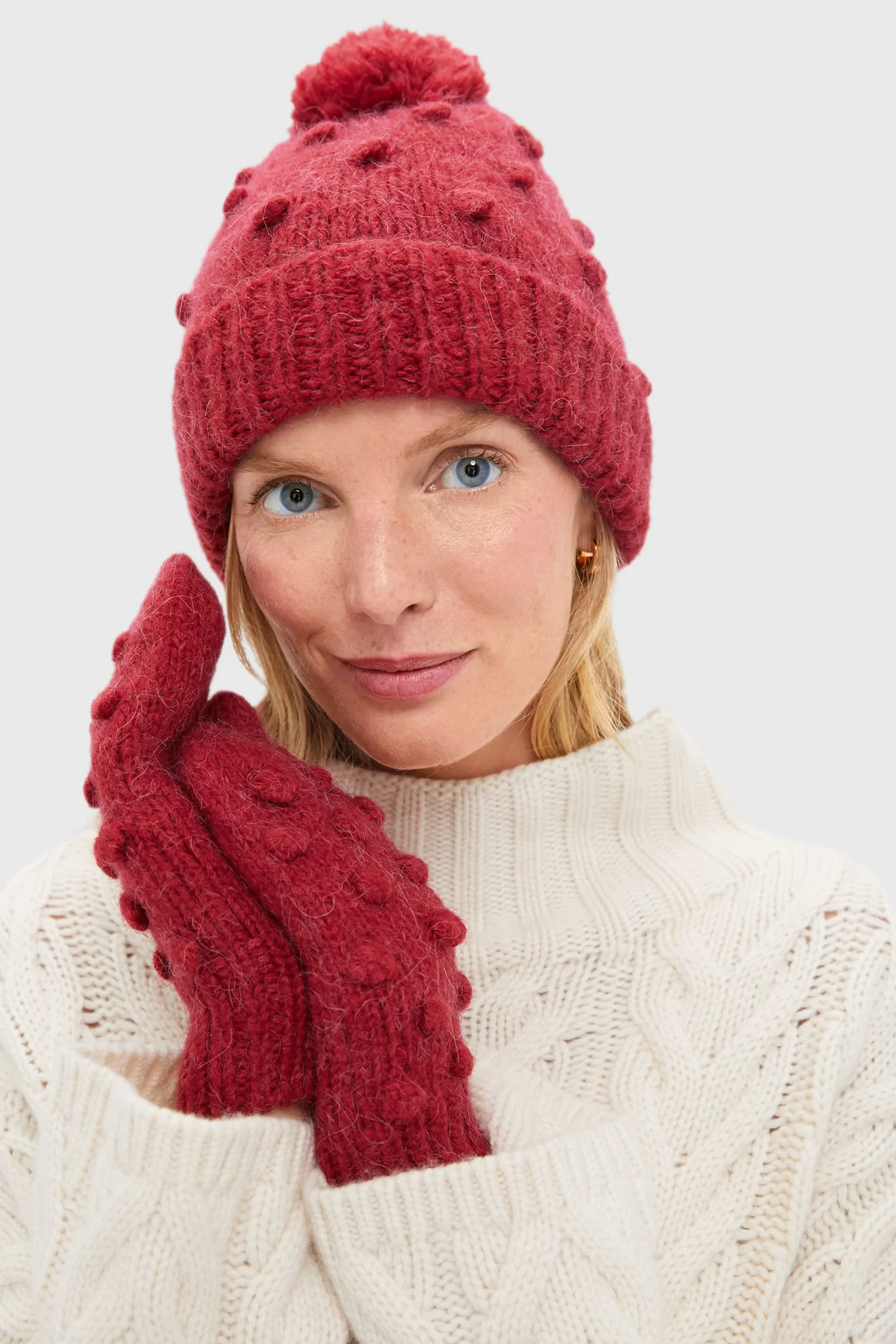 Red Pom Pom Hat and Mittens Set - Image 2