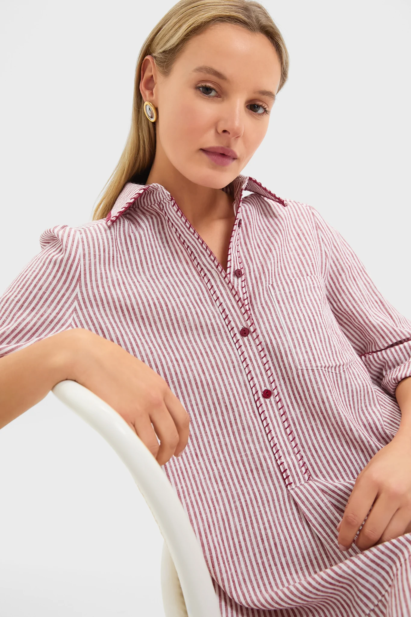 Red Stripe Linen Whipstitch Callahan Dress - Image 5