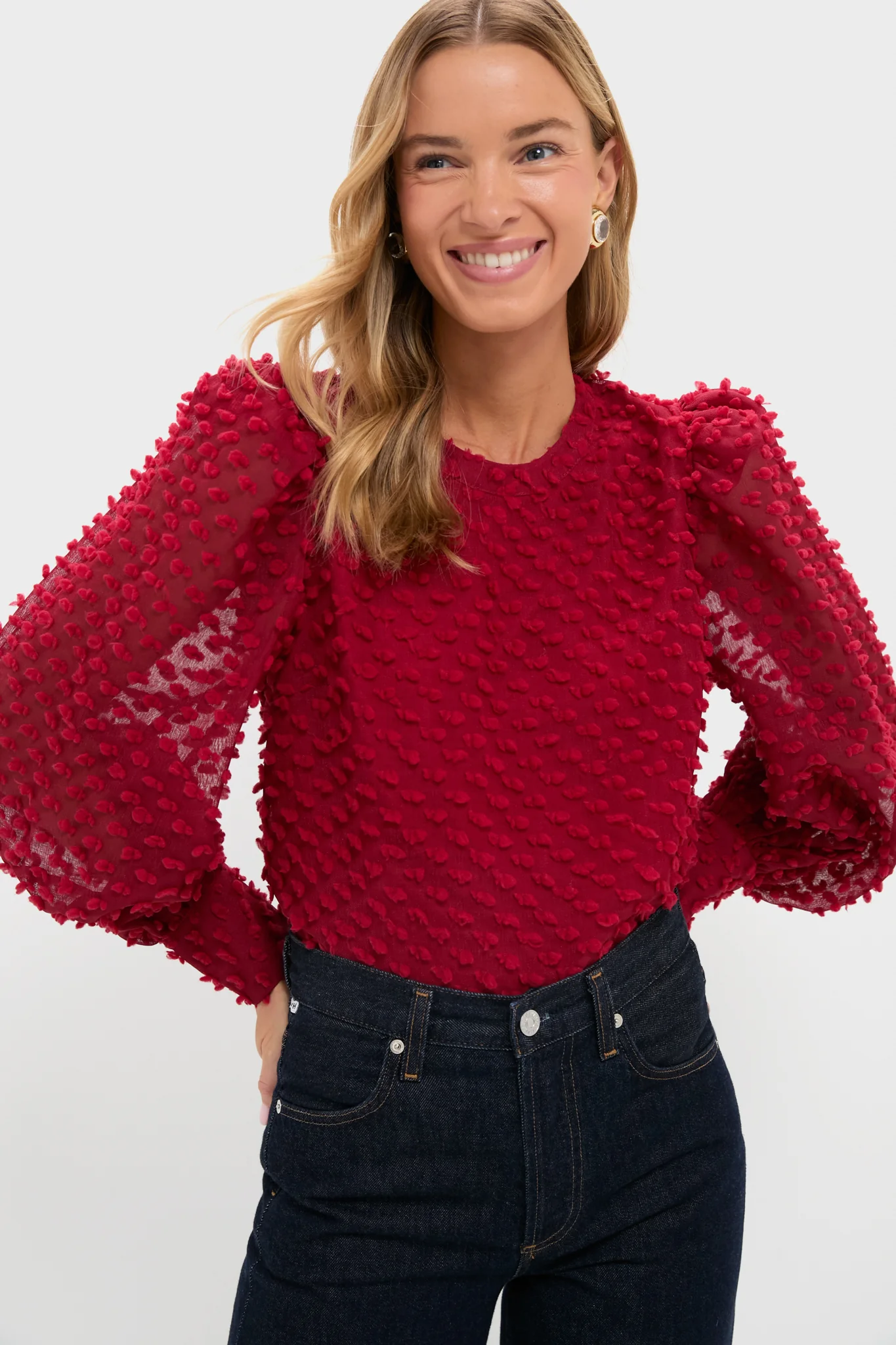 Red Textured Long Sleeve Harriet Blouse