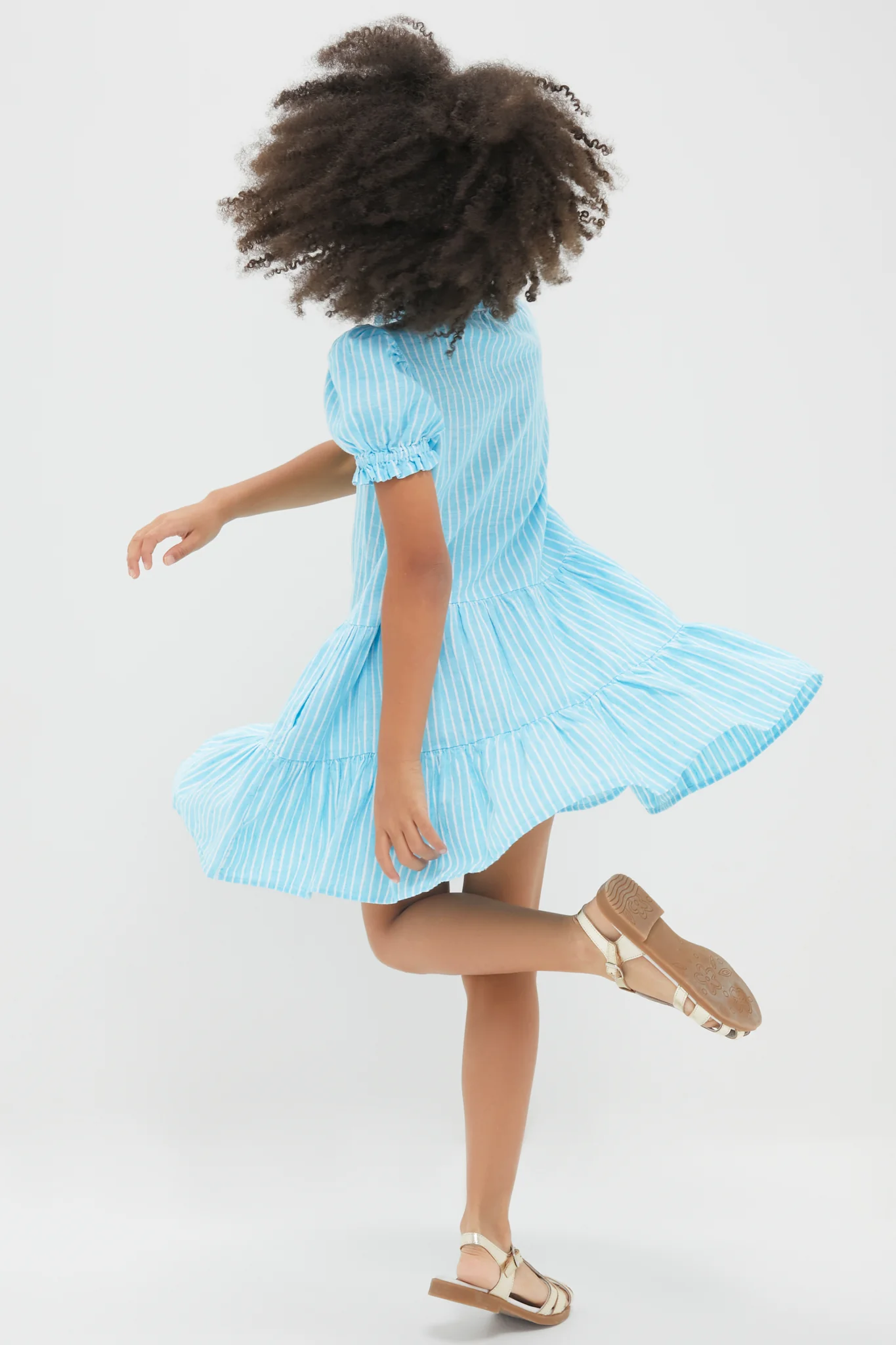Girls Ruffle Collar Short-Sleeve Tiered Striped Dress - Image 4