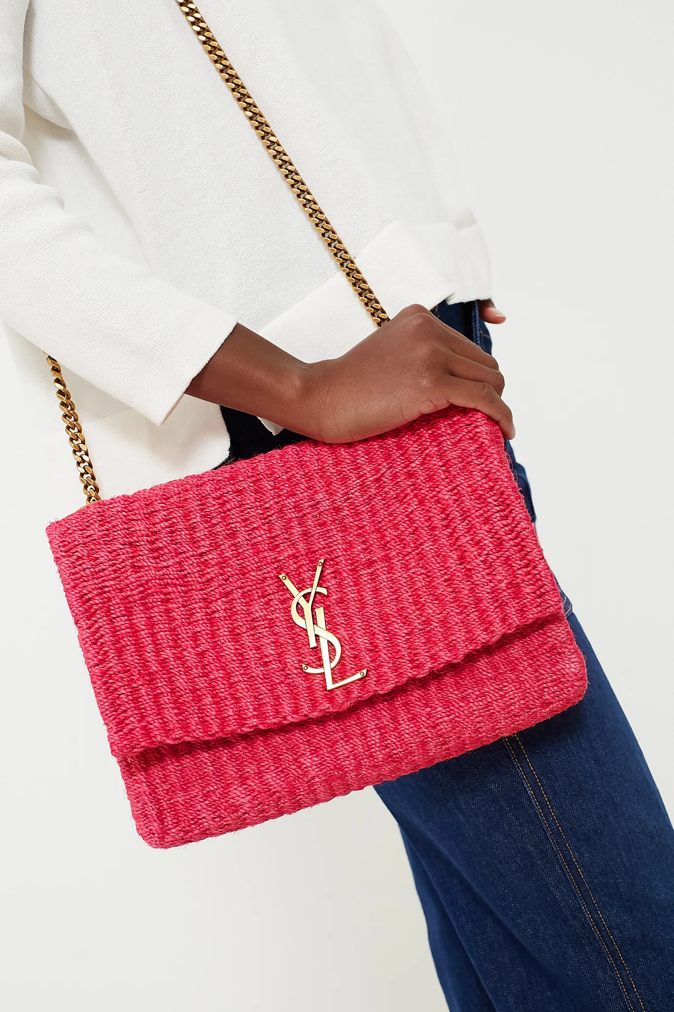 Saint Laurent Pink Glow Raffia Kate Shoulder Bag - Image 3