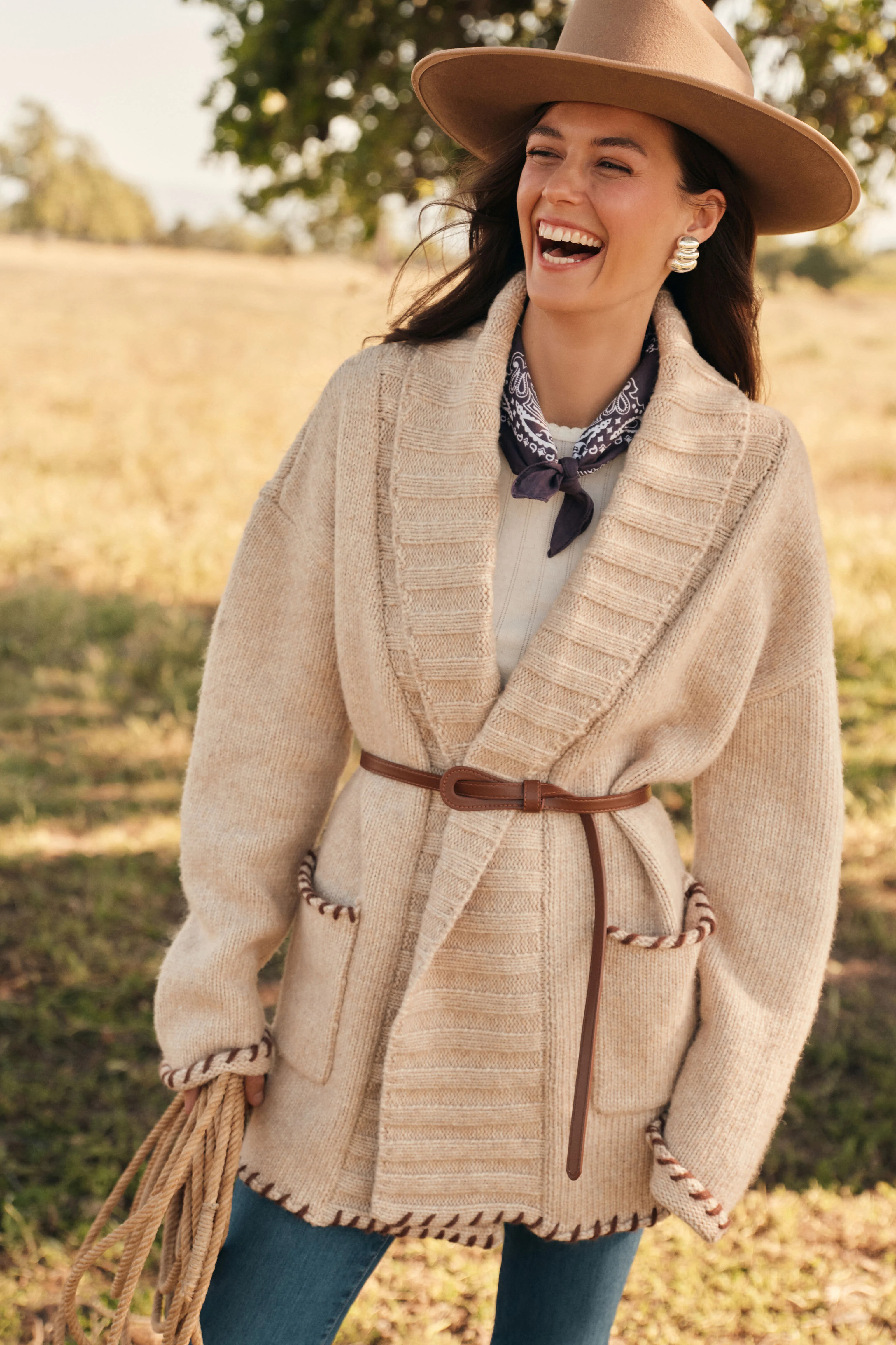 Sandstone Heather and Brown Blanket Stitch Harrow Cardigan - Image 2