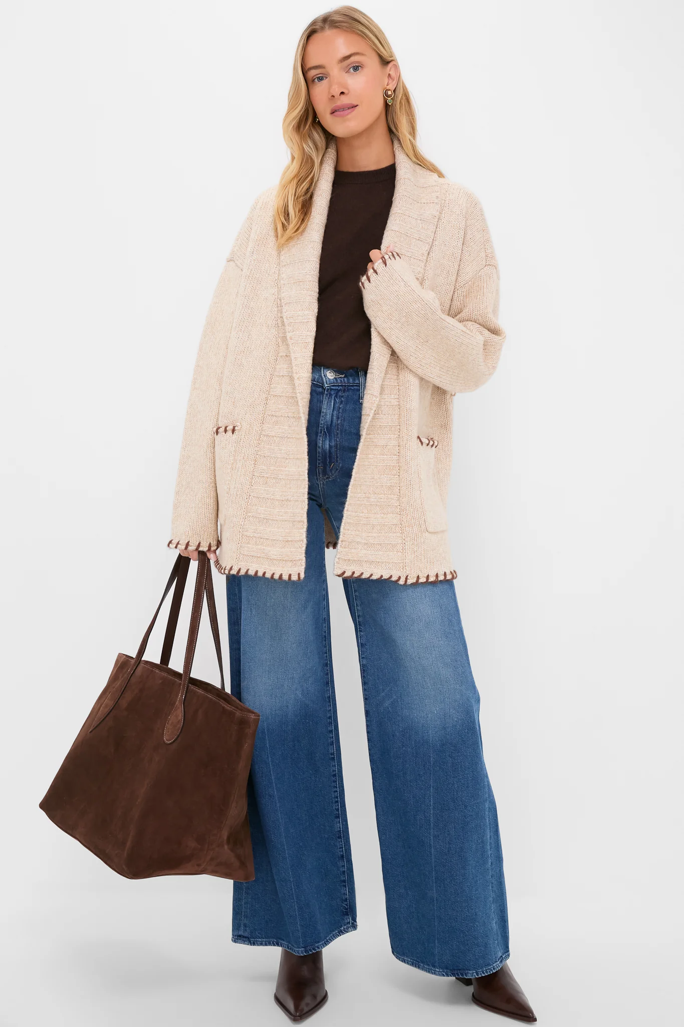 Sandstone Heather and Brown Blanket Stitch Harrow Cardigan - Image 3