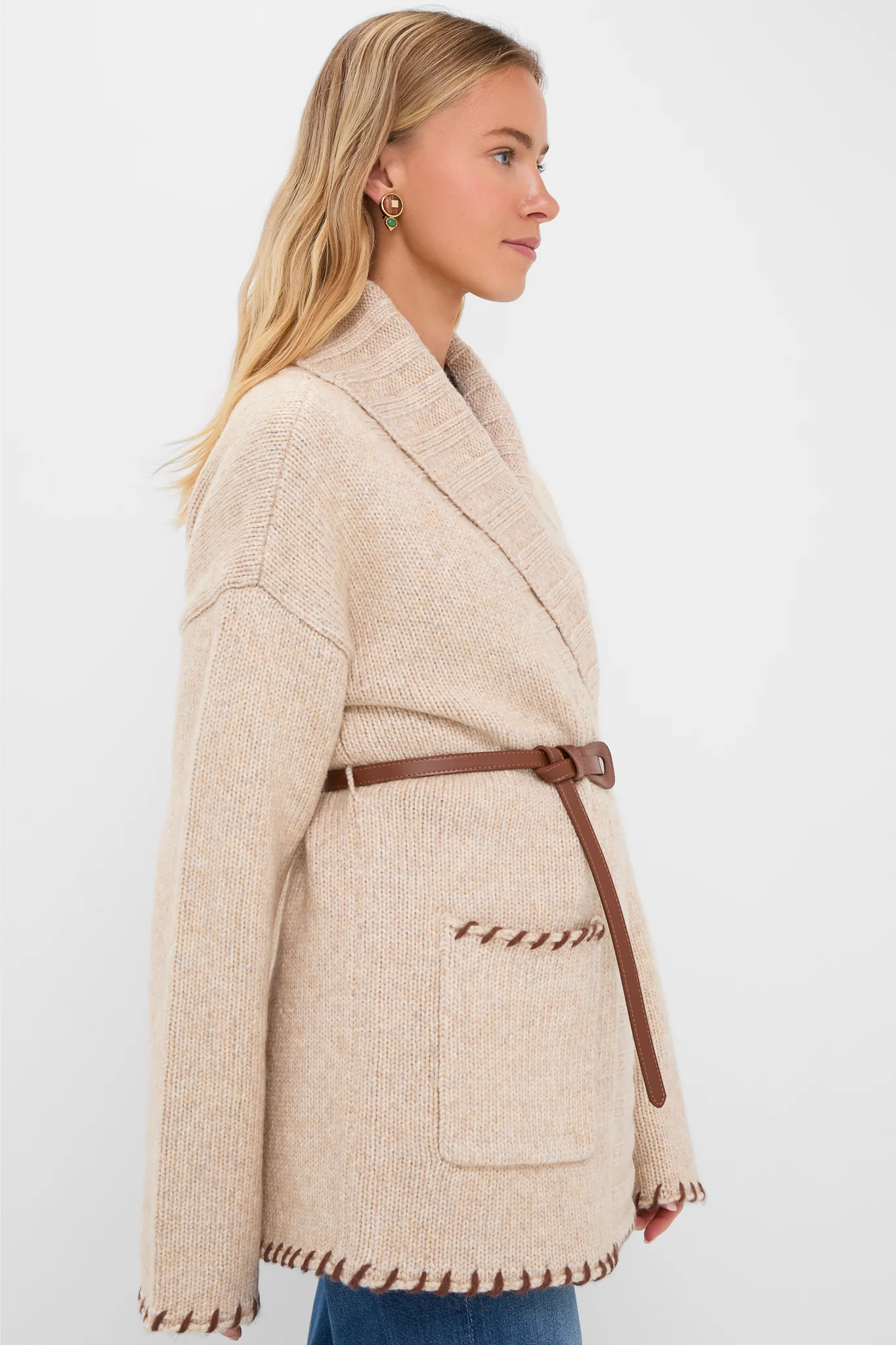 Sandstone Heather and Brown Blanket Stitch Harrow Cardigan - Image 4