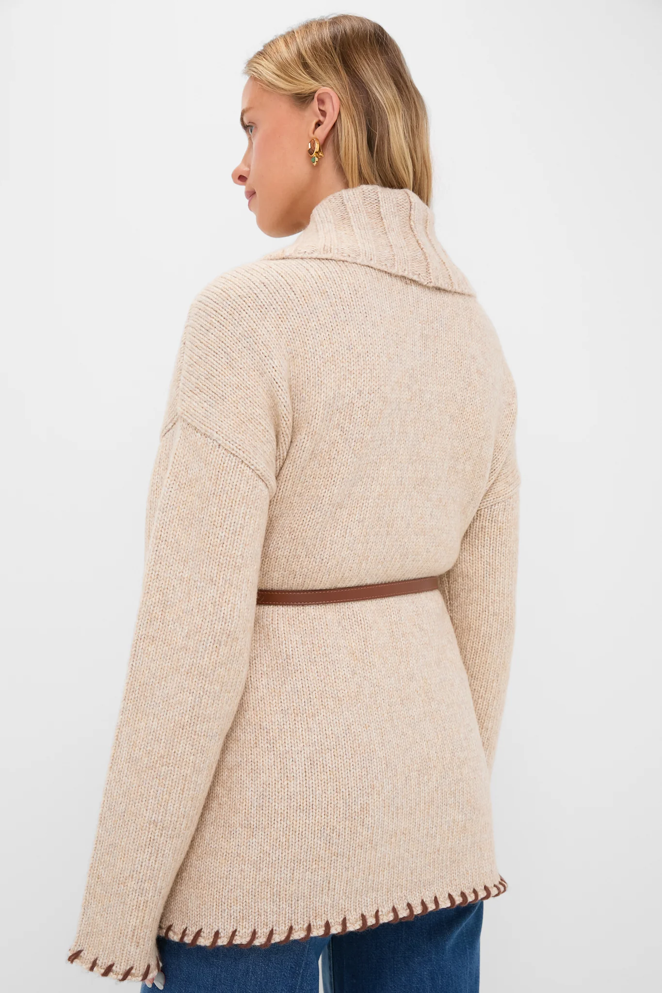 Sandstone Heather and Brown Blanket Stitch Harrow Cardigan - Image 5