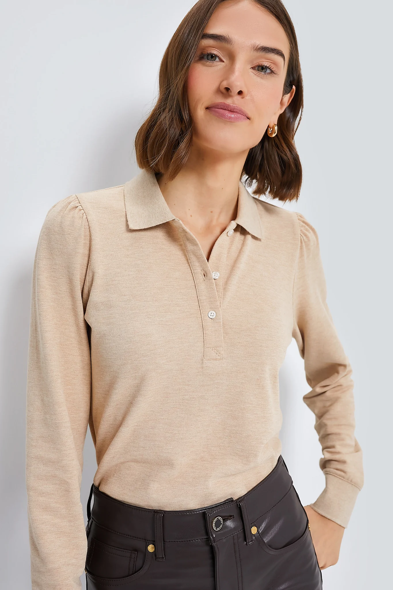 Sandstone Long Sleeve Pique Puff Sleeve Peggy Polo - Image 3