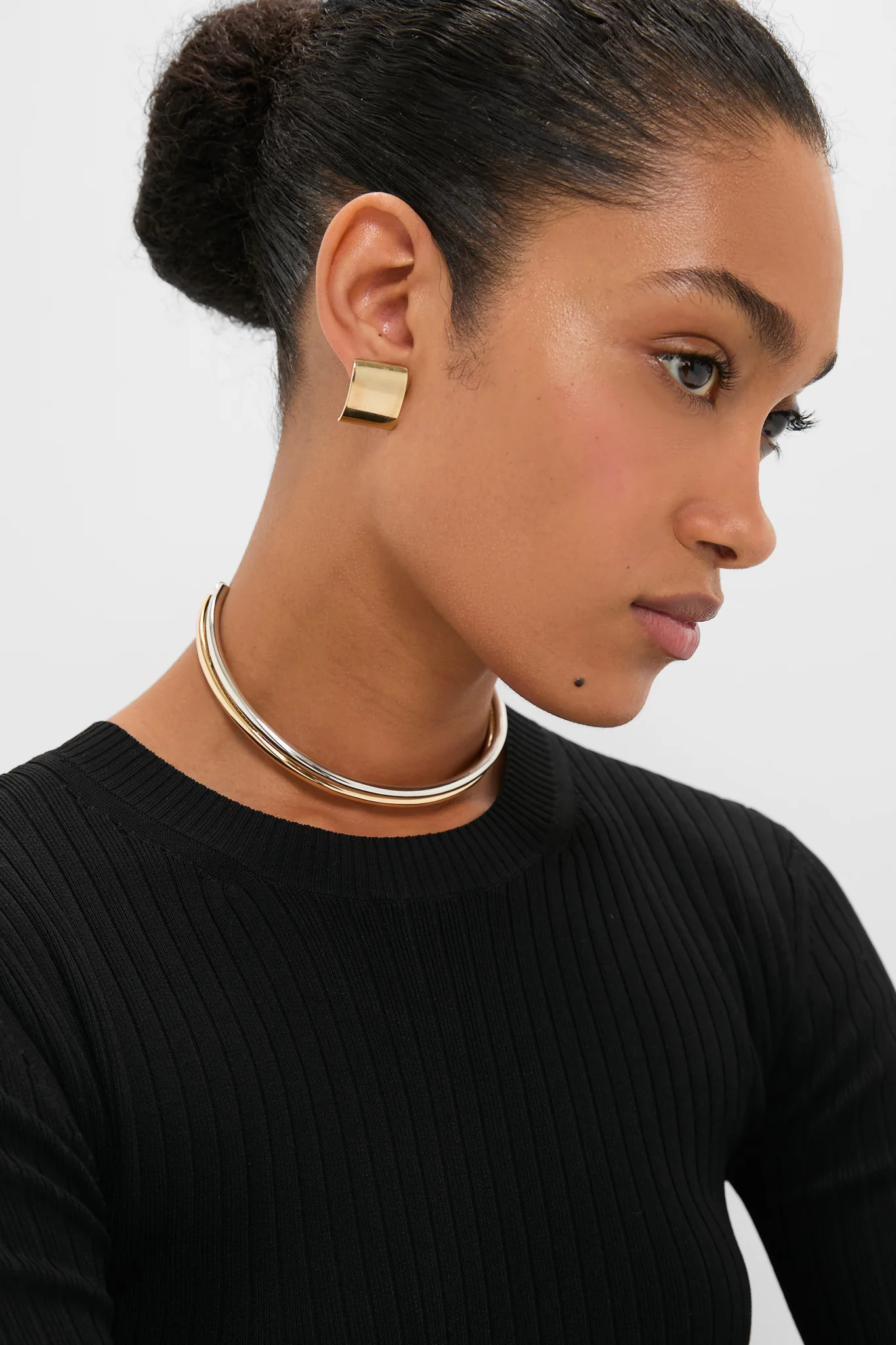 Shiny Gold and Dark Silver Tubular Collar Necklace Set of Two - Image 2