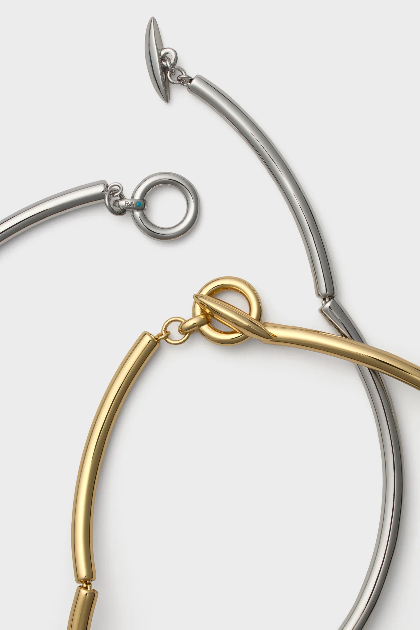 Shiny Gold and Dark Silver Tubular Collar Necklace Set of Two - Image 4