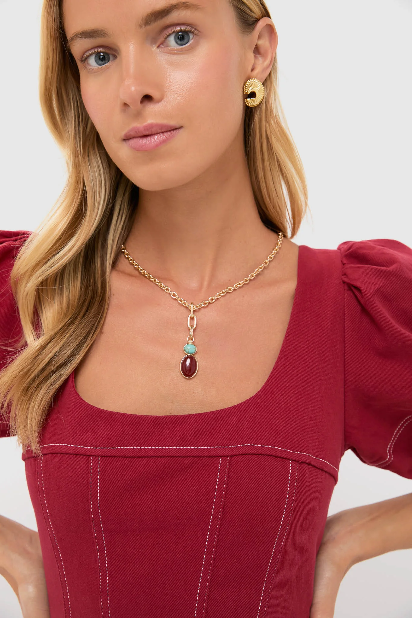 Shiny Gold, Turquoise and Carnelian Semi Precious Stone Necklace - Image 4