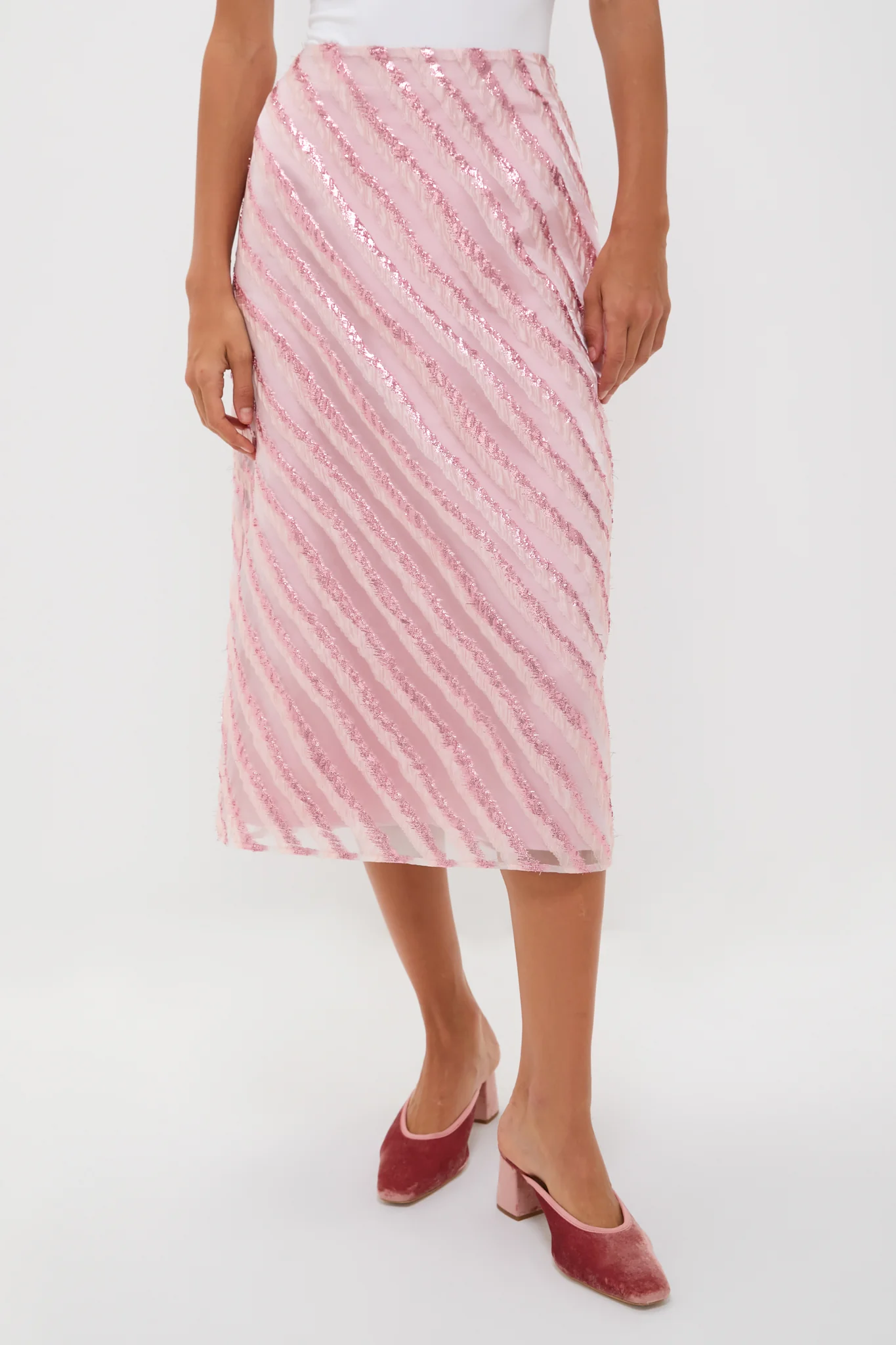 Soft Pink Shimmer Stripes Milan Midi Skirt