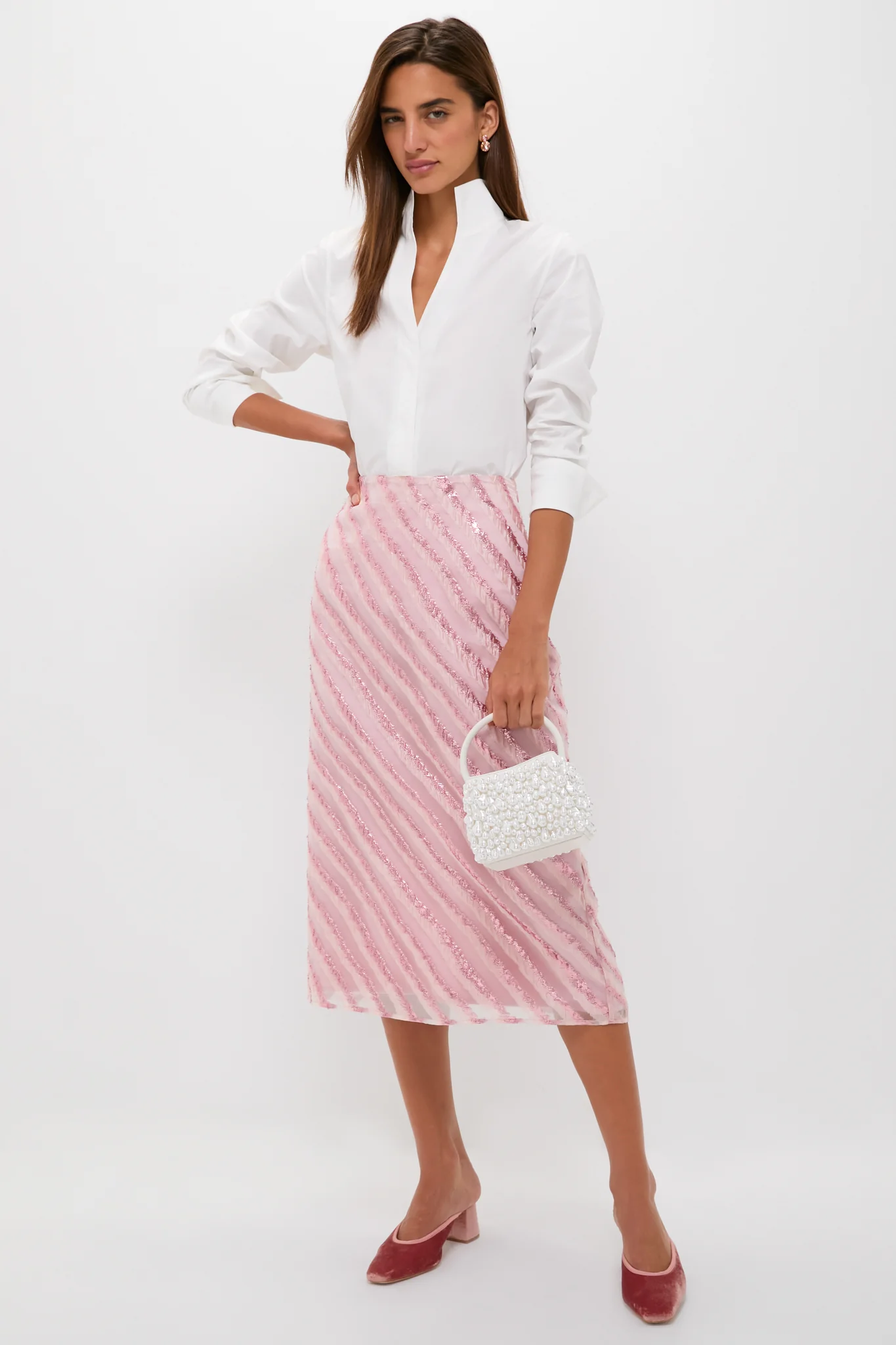 Soft Pink Shimmer Stripes Milan Midi Skirt - Image 2