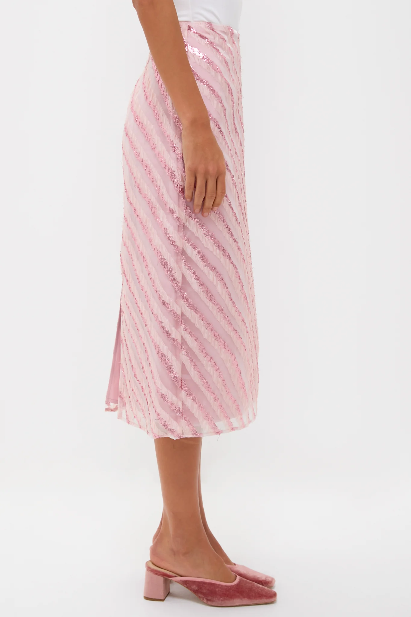 Soft Pink Shimmer Stripes Milan Midi Skirt - Image 3